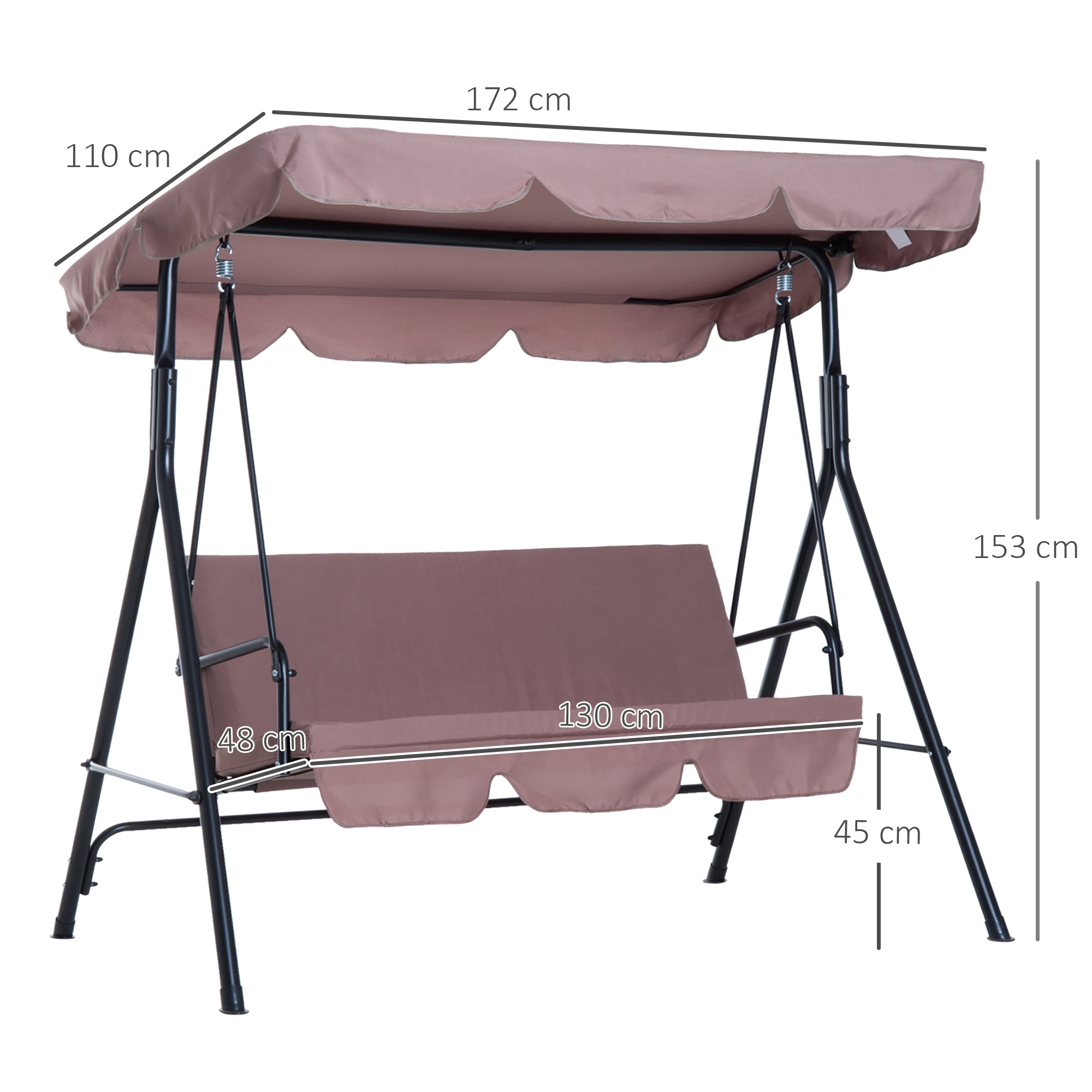 Outsunny Columpio de Jardín de 3 Plazas Silla Balancín con Parasol Techo Ajustable en Ángulo Impermeable para Exterior Terraza Balcón Carga Máx. 200 kg Acero 172x110x153 cm Marrón