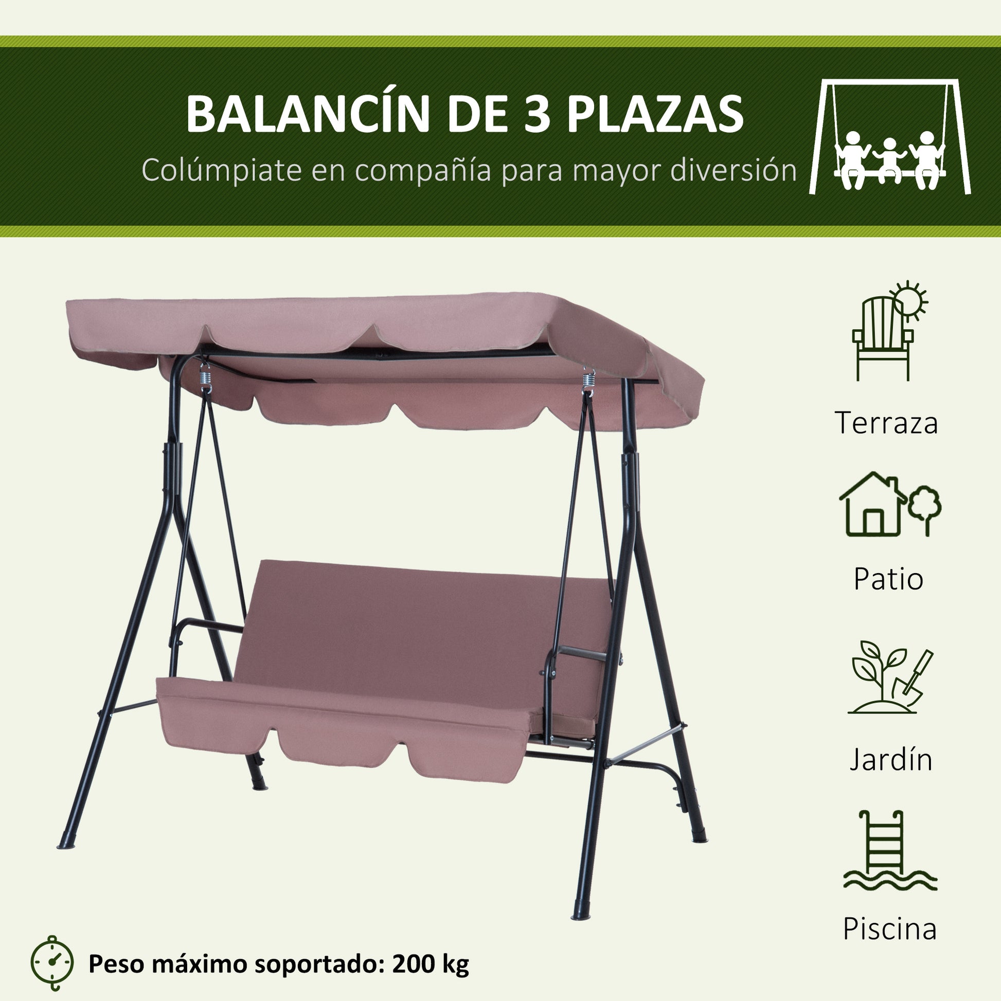 Outsunny Columpio de Jardín de 3 Plazas Silla Balancín con Parasol Techo Ajustable en Ángulo Impermeable para Exterior Terraza Balcón Carga Máx. 200 kg Acero 172x110x153 cm Marrón