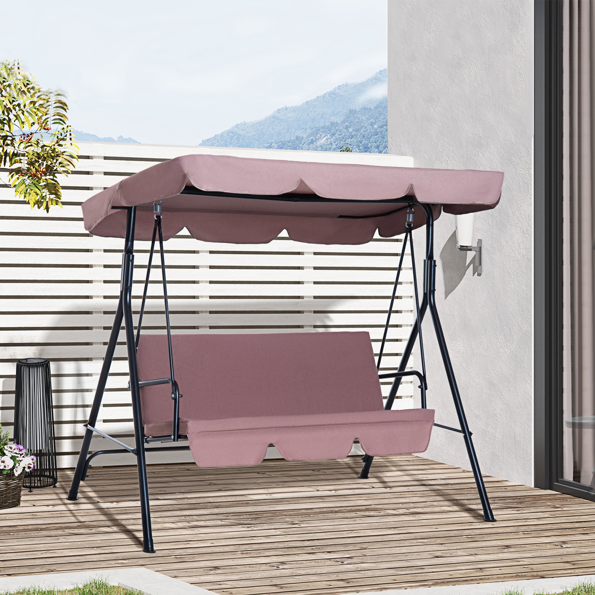 Outsunny Columpio de Jardín de 3 Plazas Silla Balancín con Parasol Techo Ajustable en Ángulo Impermeable para Exterior Terraza Balcón Carga Máx. 200 kg Acero 172x110x153 cm Marrón