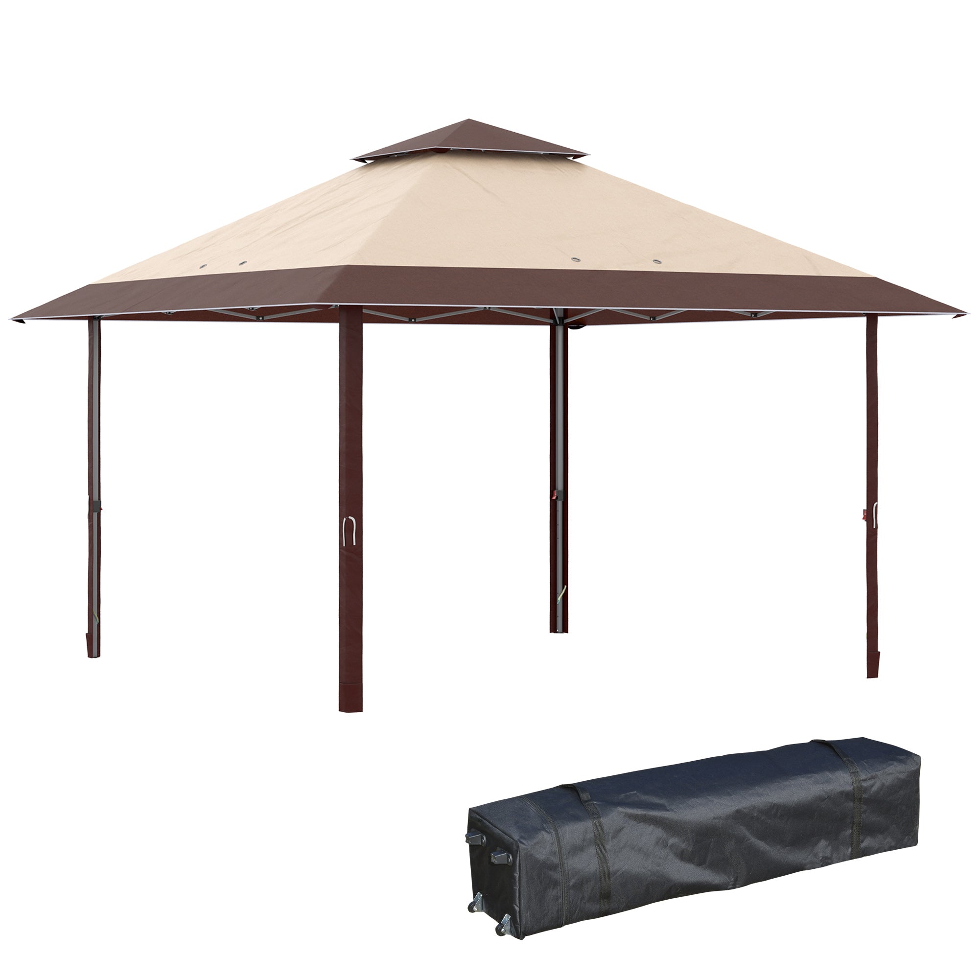 Outsunny Carpa Plegable 4x4 m Cenador de Jardín con Doble Techo Altura Ajustable en 3 Niveles y Bolsa de Transporte Impermeable Anti-UV Gazebo para Exterior Fiestas Bodas Caqui y Café