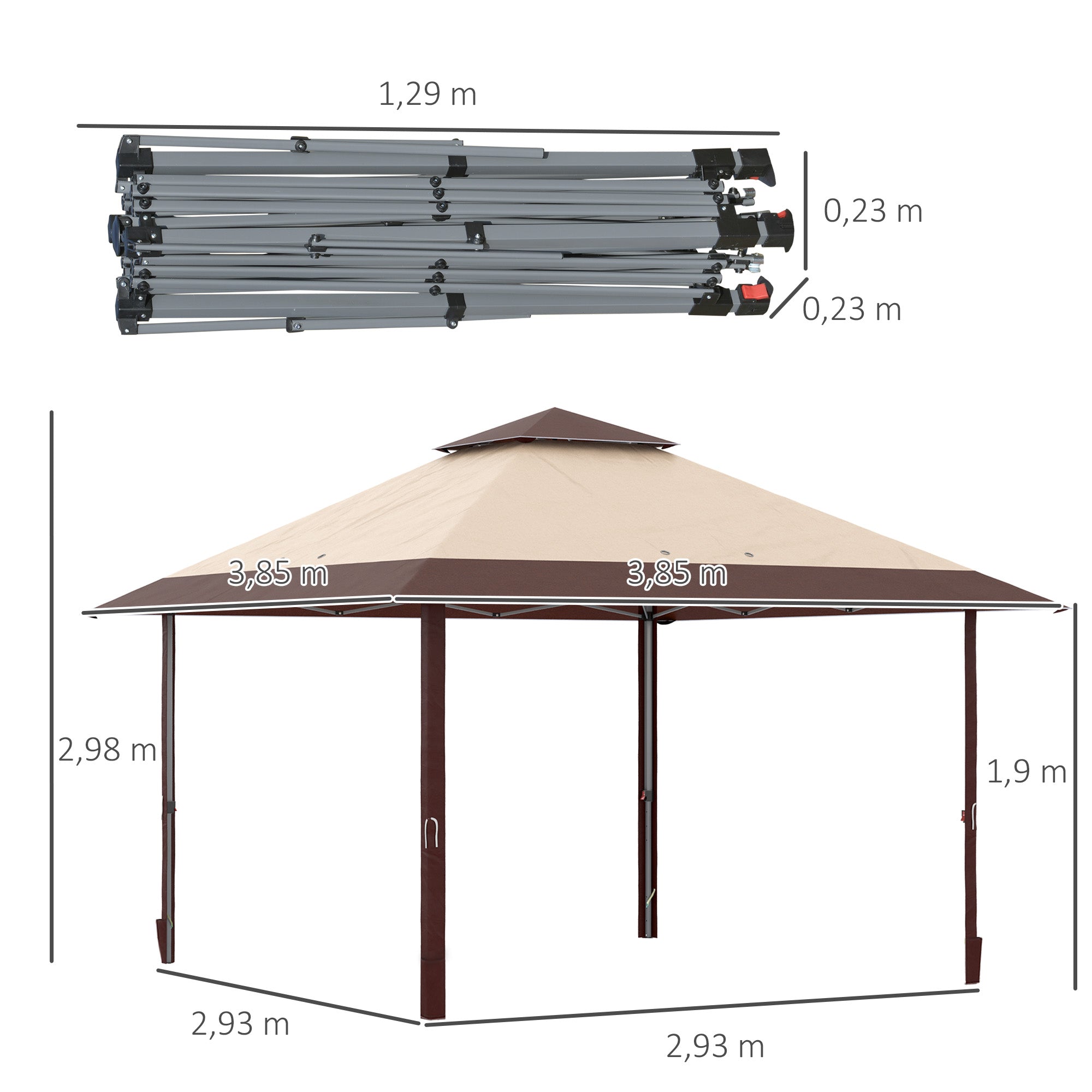 Outsunny Carpa Plegable 4x4 m Cenador de Jardín con Doble Techo Altura Ajustable en 3 Niveles y Bolsa de Transporte Impermeable Anti-UV Gazebo para Exterior Fiestas Bodas Caqui y Café