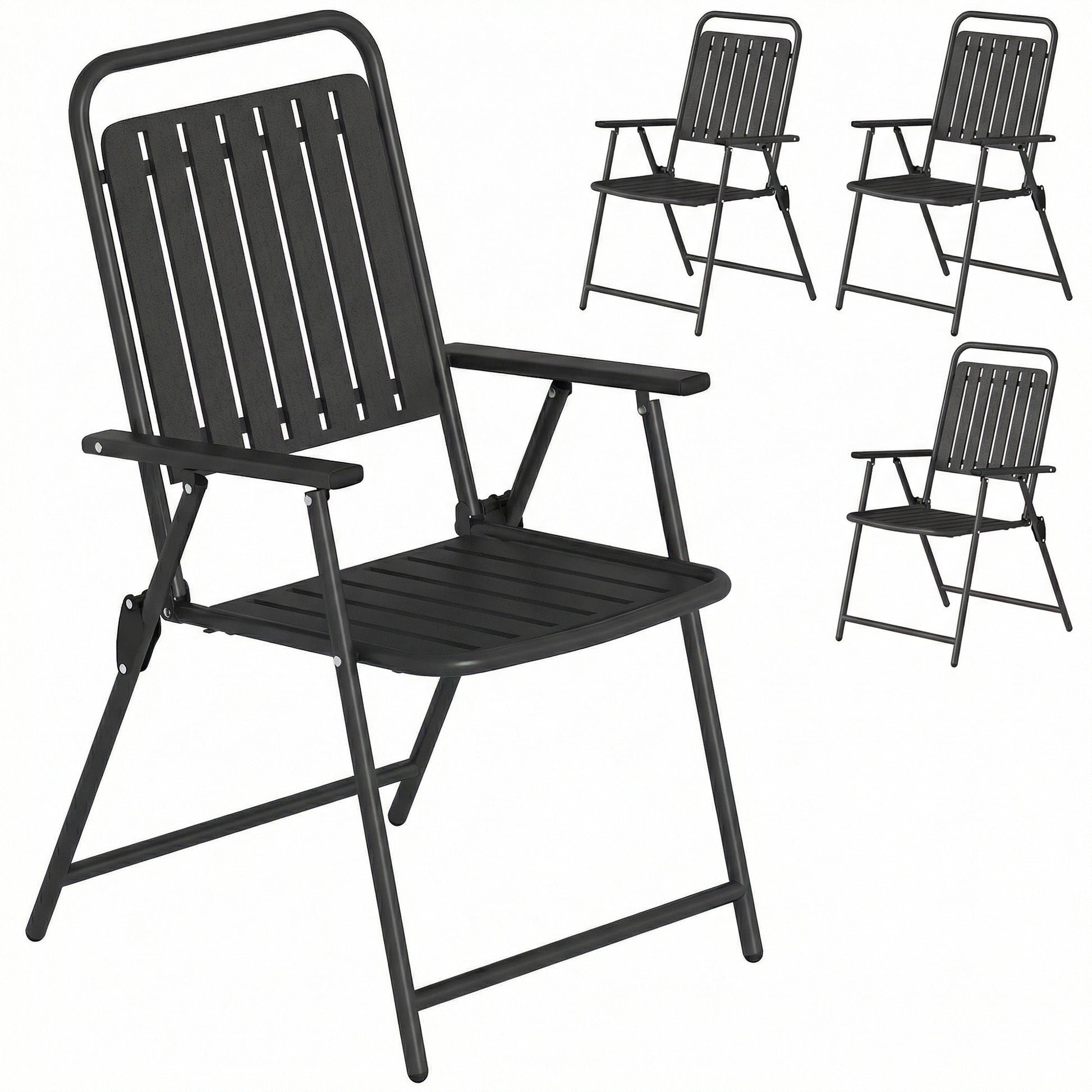 Outsunny Juego de 4 Sillas de Jardín Exterior Plegables, Sillas Terraza Exterior con Reposabrazos, Respaldo y Asiento de PP, Marco Metálico, 55x63x93 cm, Negro