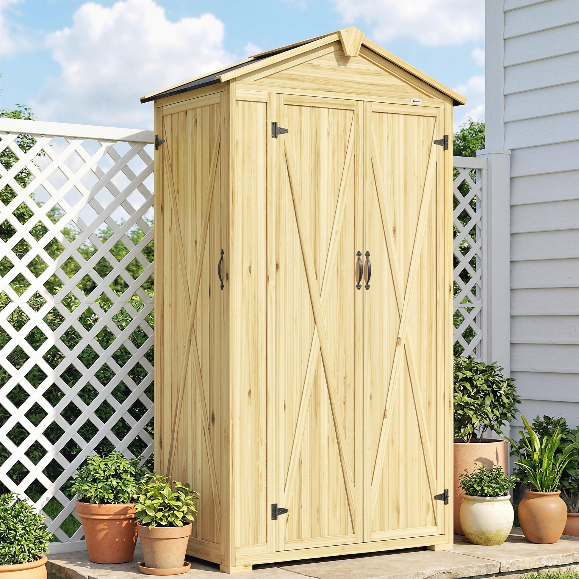 Outsunny Caseta de Jardín de Madera 93x53x168 cm, Cobertizo Jardín Exterior, Armario Exterior para Herramientas con Puertas Bloqueables, 4 Estantes, Techo Asfáltico Inclinado y Ganchos, Madera Natural