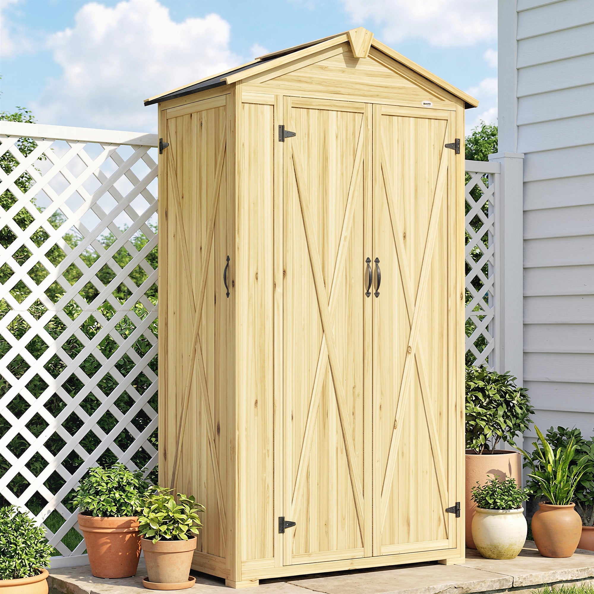 Outsunny Caseta de Jardín de Madera 93x53x168 cm, Cobertizo Jardín Exterior, Armario Exterior para Herramientas con Puertas Bloqueables, 4 Estantes, Techo Asfáltico Inclinado y Ganchos, Madera Natural