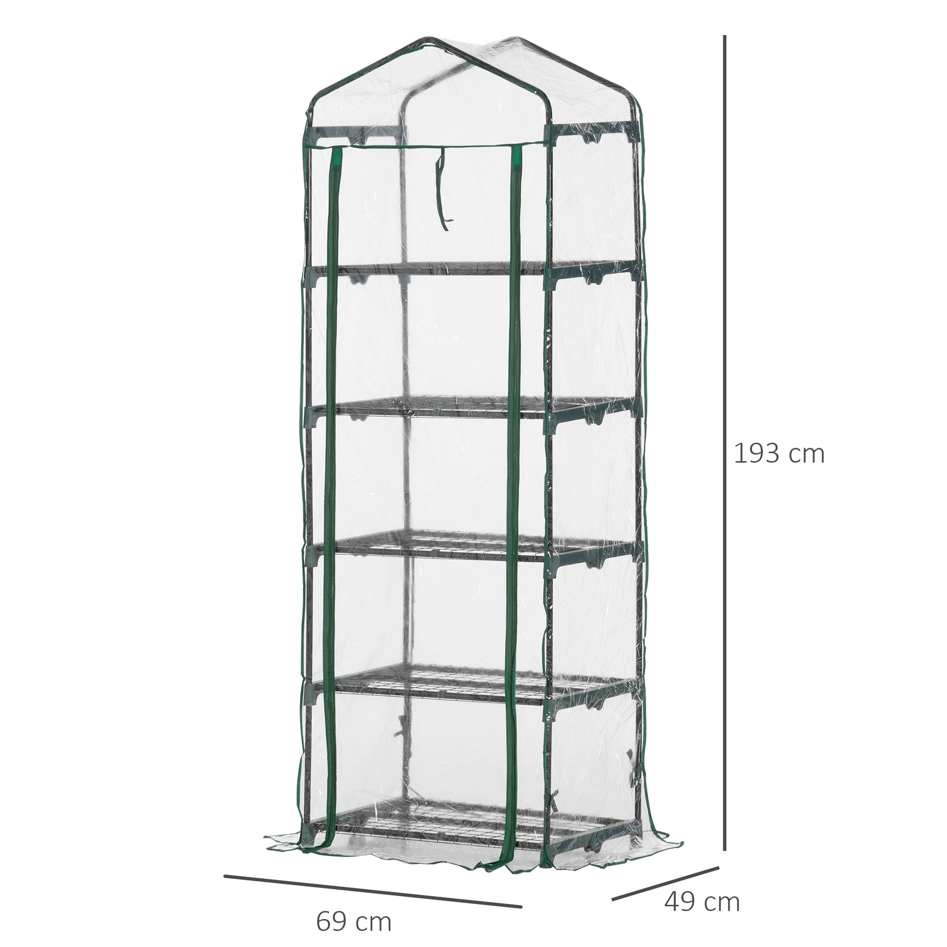 Outsunny Invernadero Pequeño Invernadero de Exterior con Estantes de 5 Niveles Puerta Enrollable con Cremallera y Marco de Acero Invernadero para Cultivar Plantas Flores 69x49x193 cm Transparente