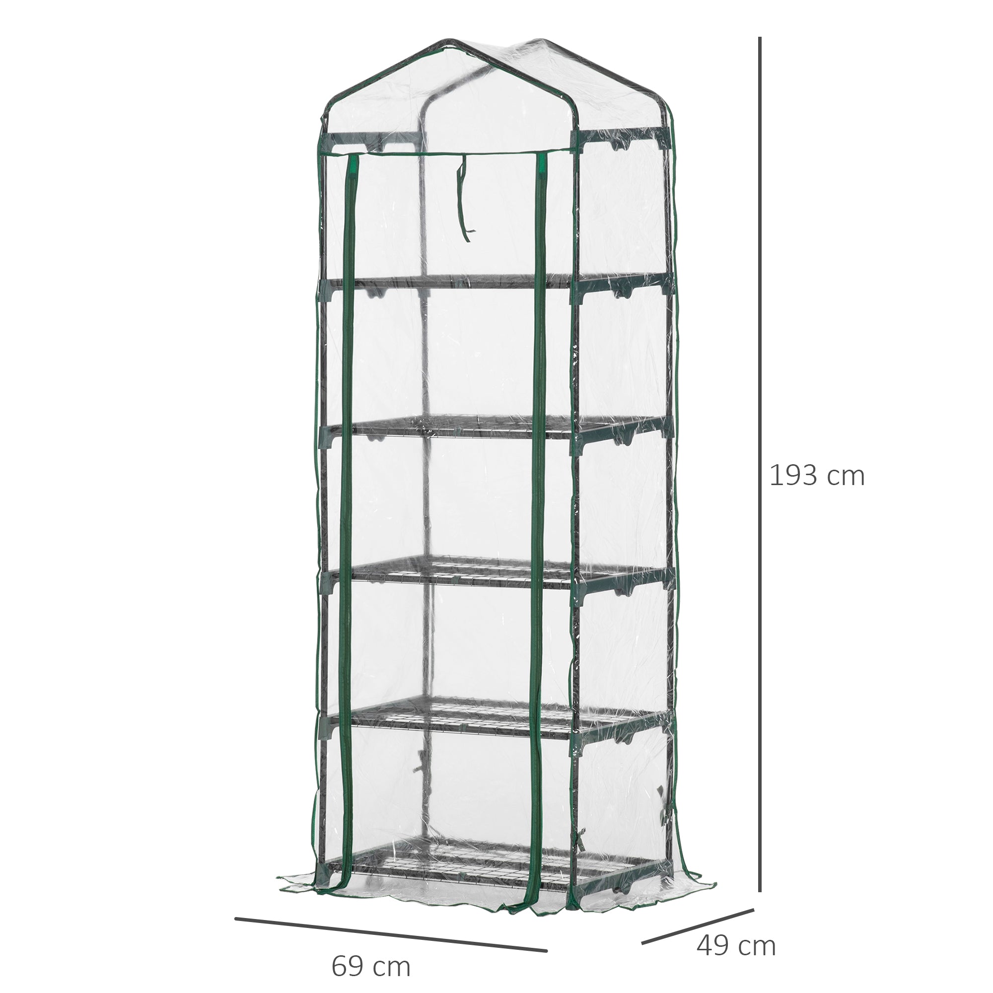 Outsunny Invernadero Pequeño Invernadero de Exterior con Estantes de 5 Niveles Puerta Enrollable con Cremallera y Marco de Acero Invernadero para Cultivar Plantas Flores 69x49x193 cm Transparente