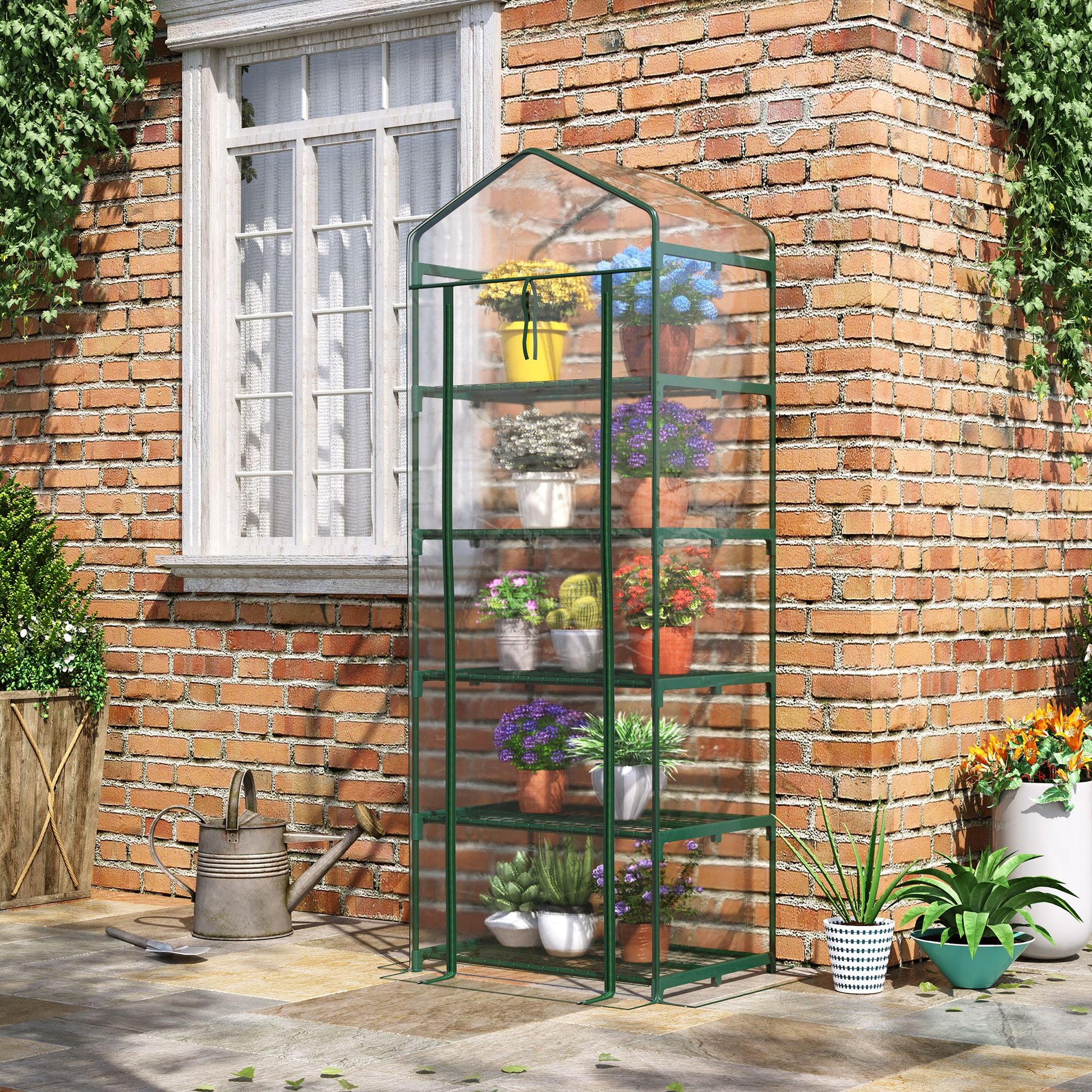 Outsunny Invernadero Pequeño Invernadero de Exterior con Estantes de 5 Niveles Puerta Enrollable con Cremallera y Marco de Acero Invernadero para Cultivar Plantas Flores 69x49x193 cm Transparente