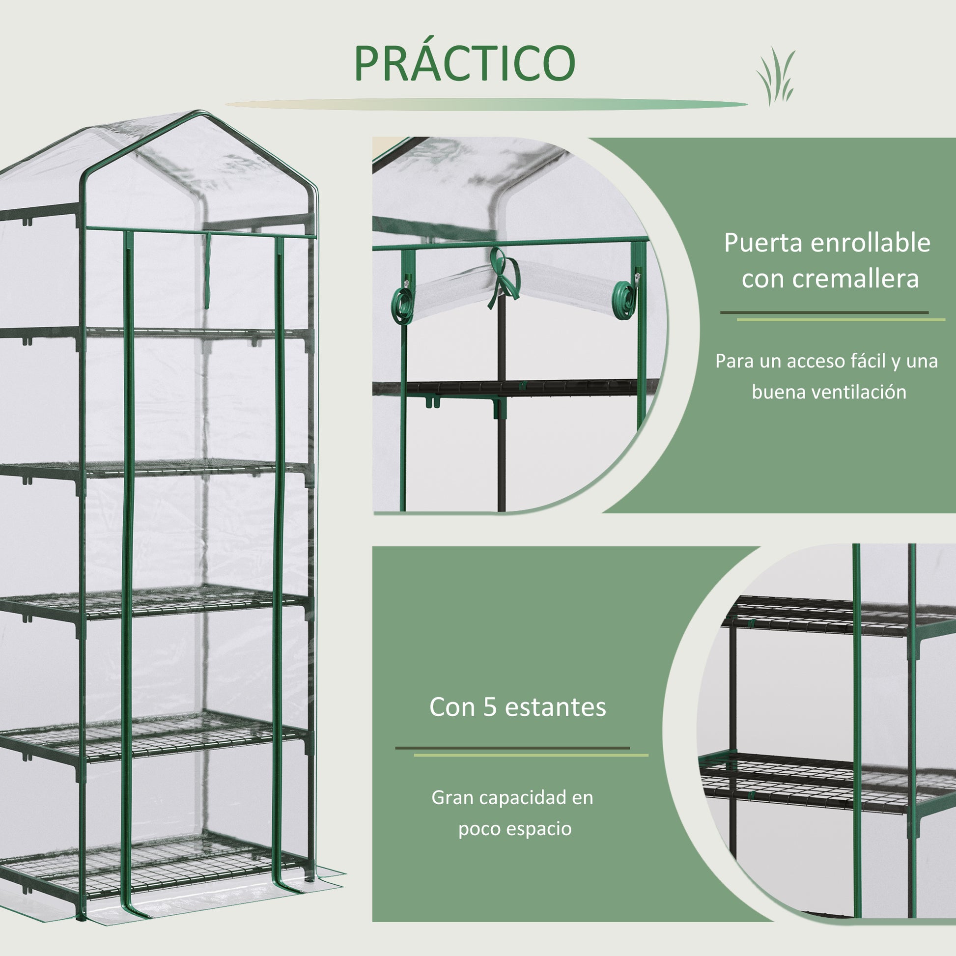 Outsunny Invernadero Pequeño Invernadero de Exterior con Estantes de 5 Niveles Puerta Enrollable con Cremallera y Marco de Acero Invernadero para Cultivar Plantas Flores 69x49x193 cm Transparente