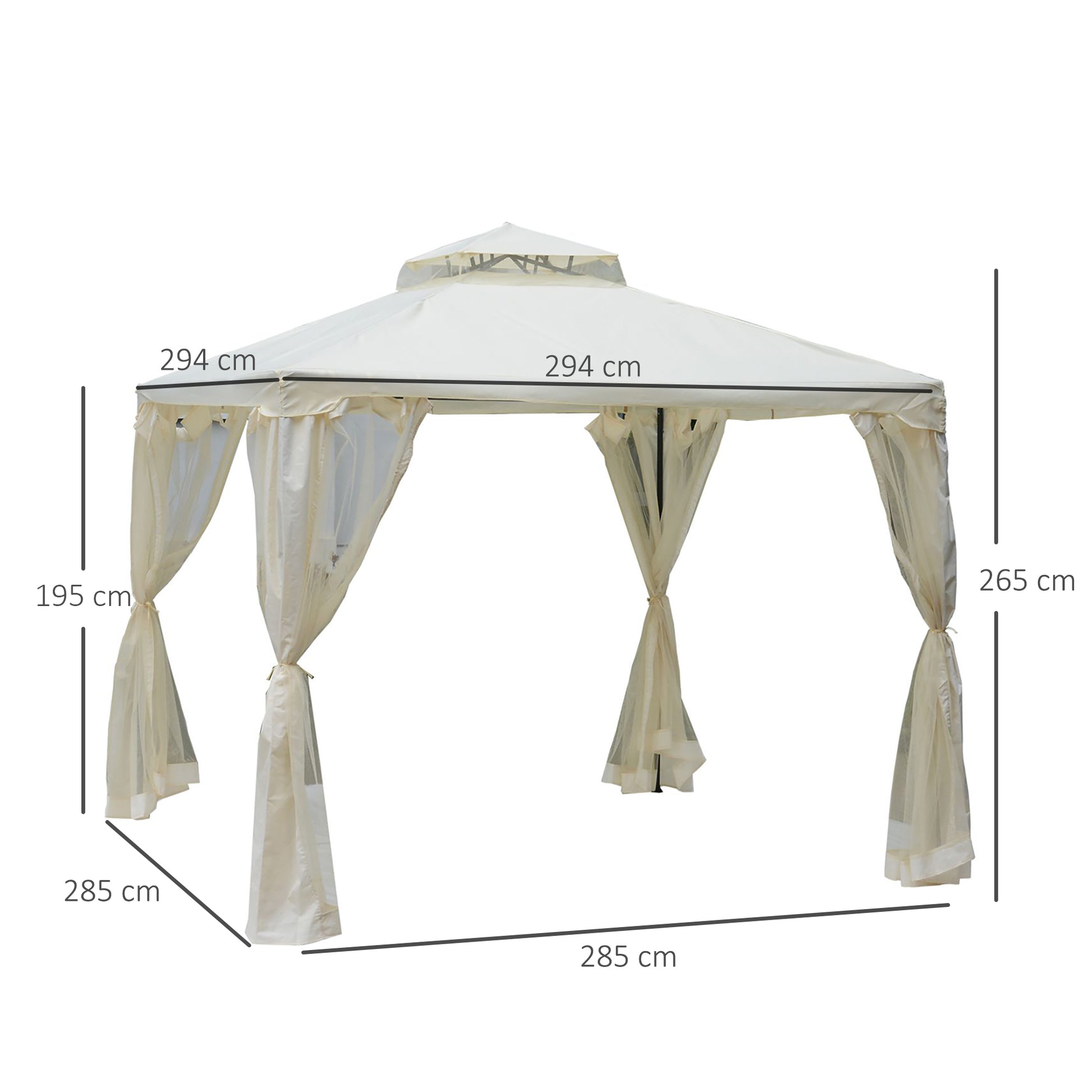 Outsunny Cenador de Jardín 3x3 m Pabellón de Exterior con Doble Techo de Ventilación 4 Cortinas Mosquiteras Laterales con Cremallera 8 Orificios de Drenaje Gazebo para Fiestas Patio Crema