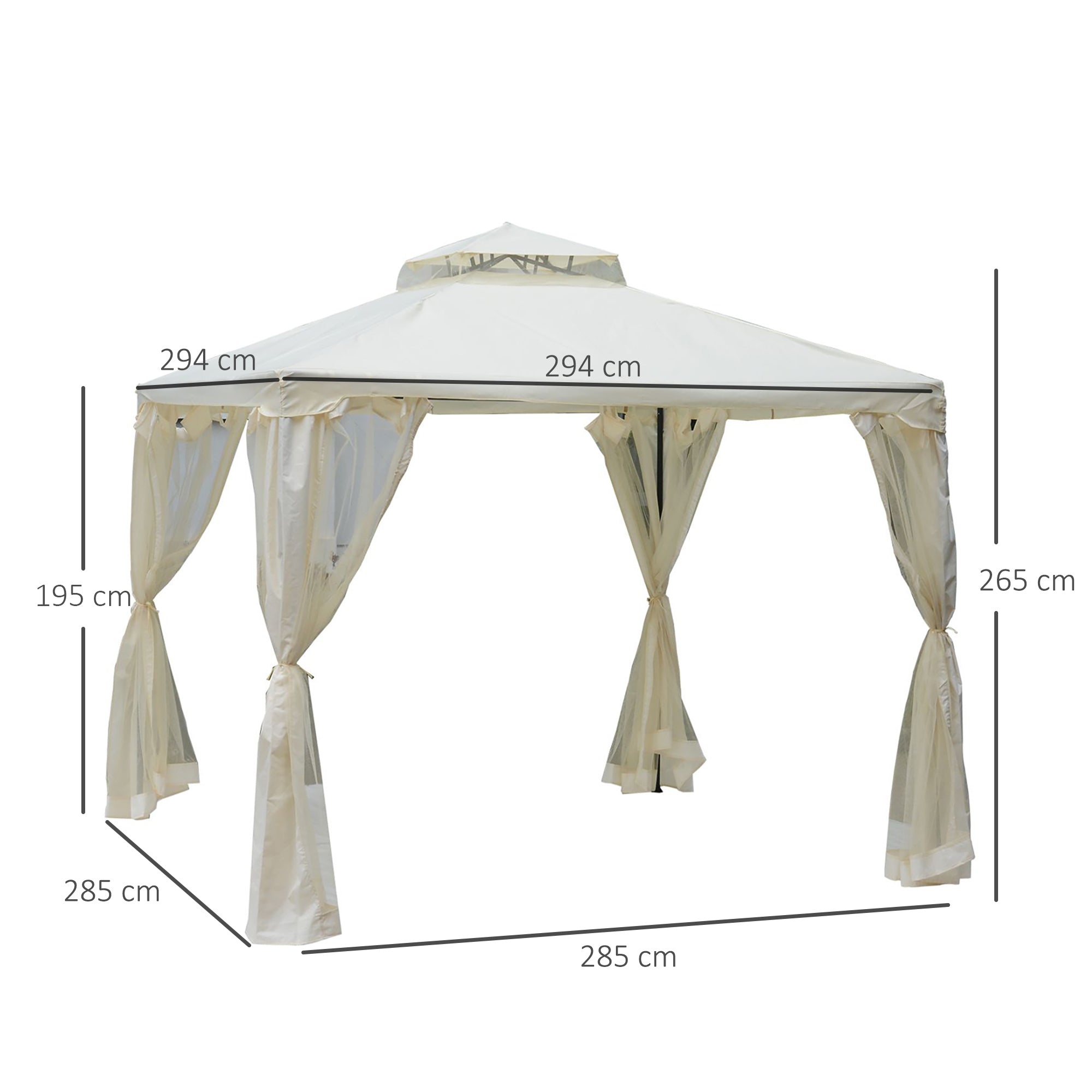 Outsunny Cenador de Jardín 3x3 m Pabellón de Exterior con Doble Techo de Ventilación 4 Cortinas Mosquiteras Laterales con Cremallera 8 Orificios de Drenaje Gazebo para Fiestas Patio Crema
