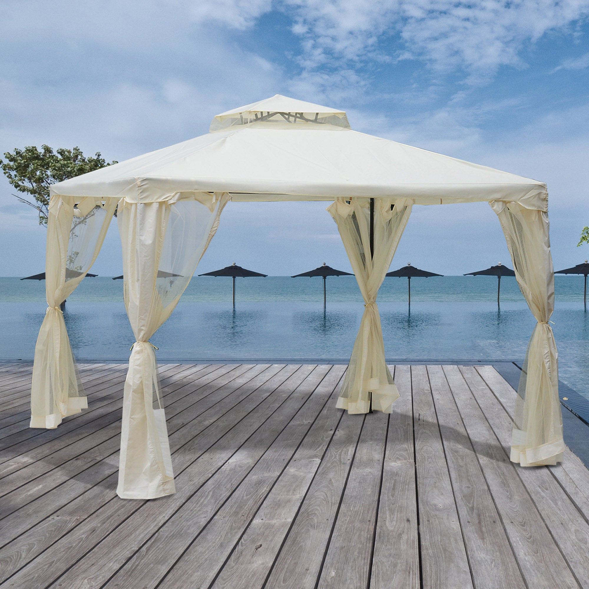 Outsunny Cenador de Jardín 3x3 m Pabellón de Exterior con Doble Techo de Ventilación 4 Cortinas Mosquiteras Laterales con Cremallera 8 Orificios de Drenaje Gazebo para Fiestas Patio Crema