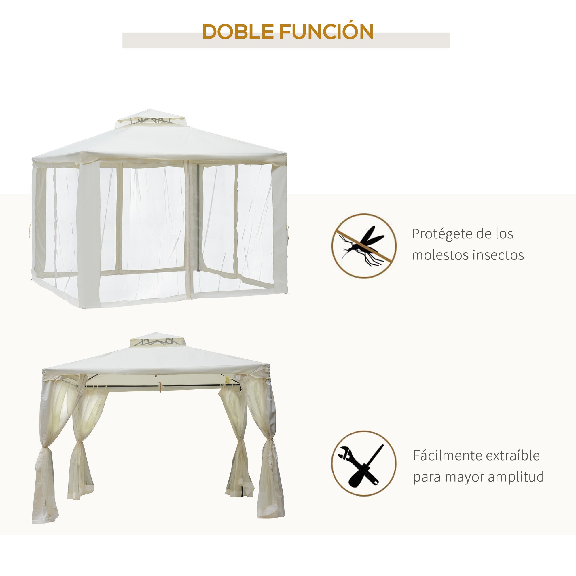 Outsunny Cenador de Jardín 3x3 m Pabellón de Exterior con Doble Techo de Ventilación 4 Cortinas Mosquiteras Laterales con Cremallera 8 Orificios de Drenaje Gazebo para Fiestas Patio Crema