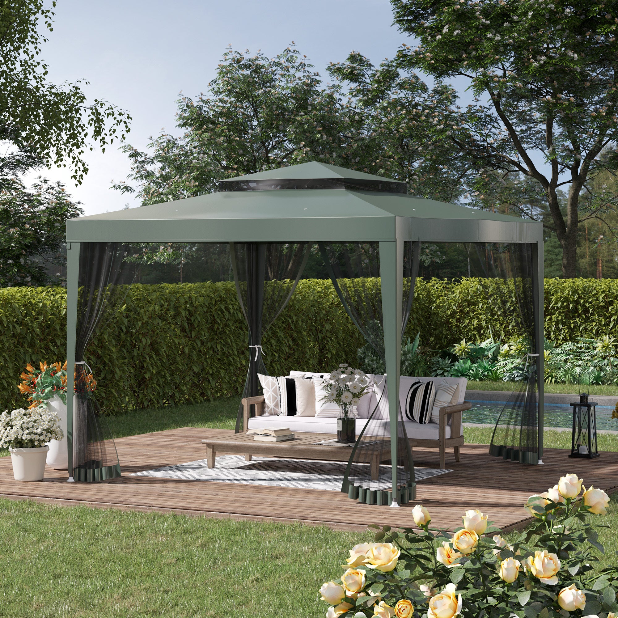 Outsunny Carpa de Jardín 3x3 m Cenador con 4 Mosquiteras Laterales con Cremallera Techo de Ventilación y 8 Orificios de Drenaje Gazebo para Terraza Patio Exterior Verde