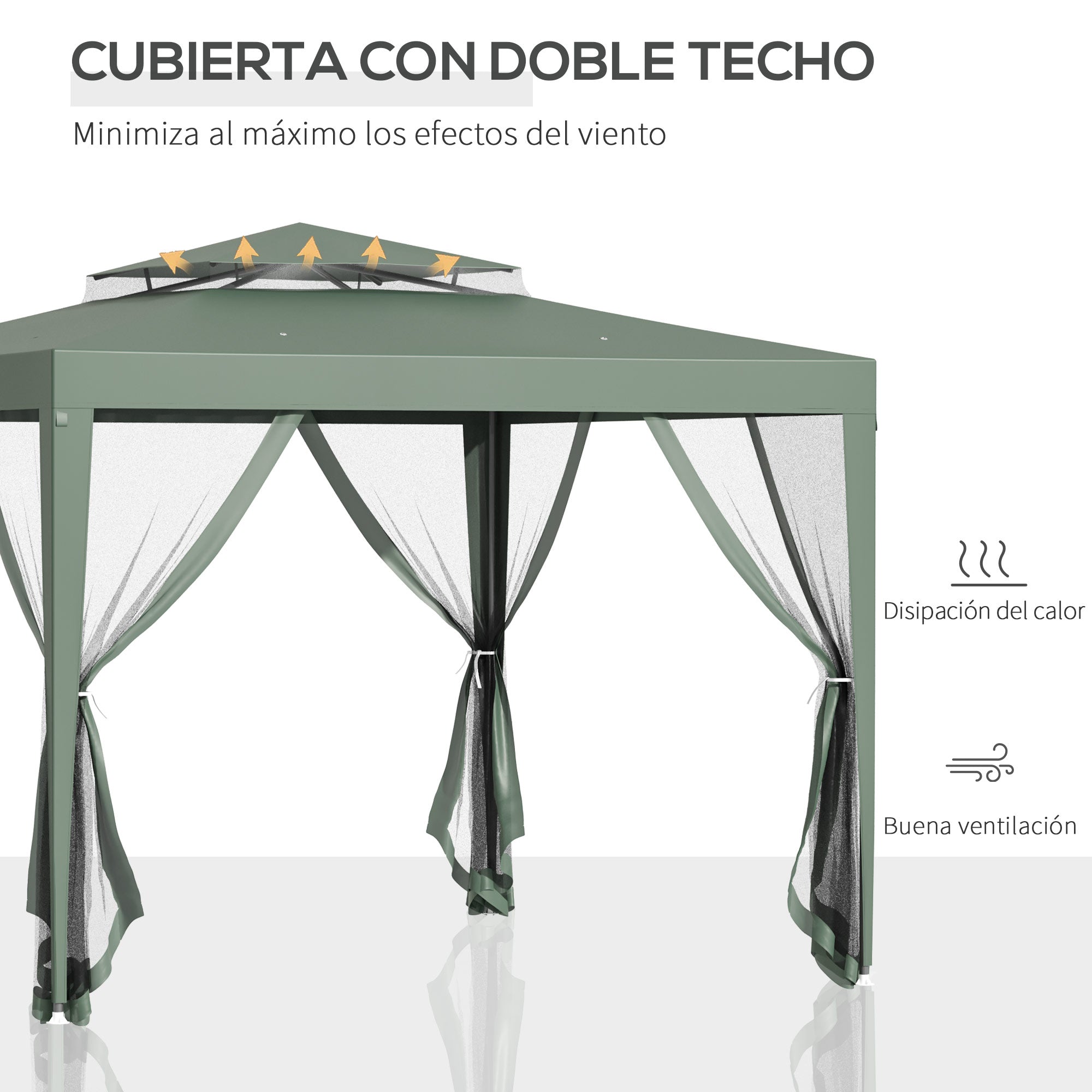 Outsunny Carpa de Jardín 3x3 m Cenador con 4 Mosquiteras Laterales con Cremallera Techo de Ventilación y 8 Orificios de Drenaje Gazebo para Terraza Patio Exterior Verde
