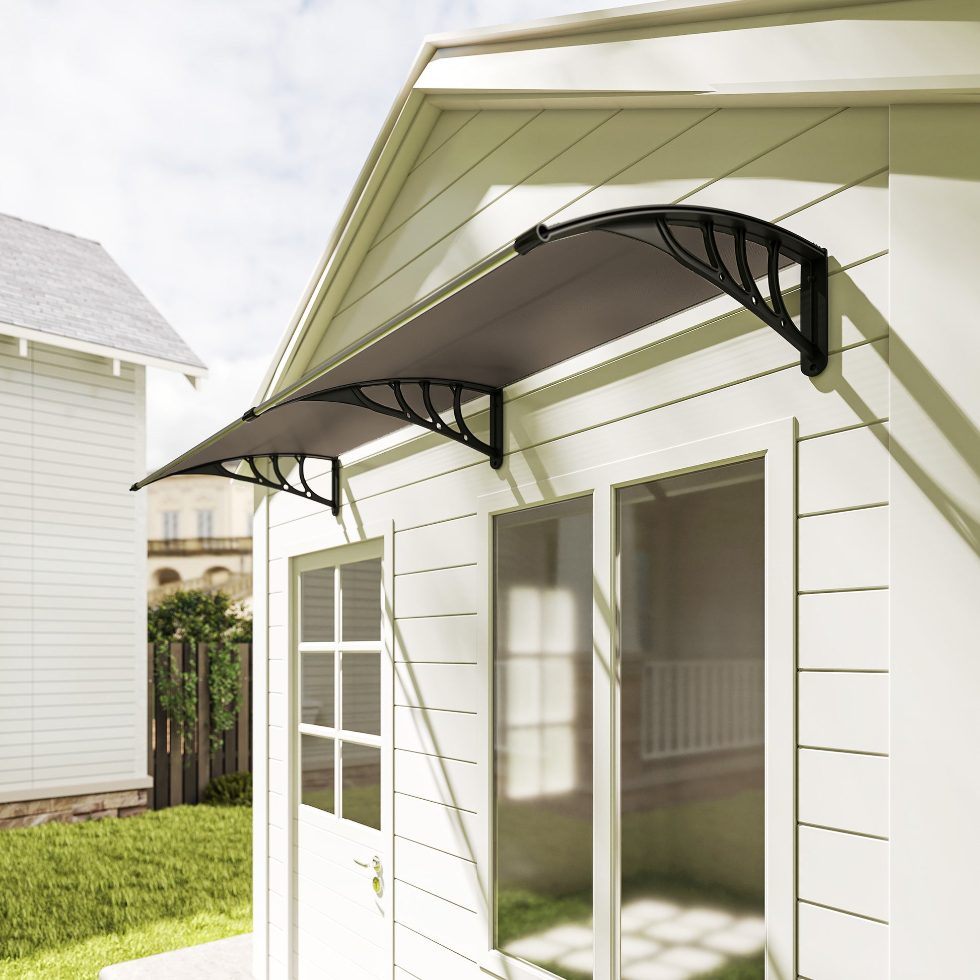 Outsunny Marquesinas Exterior para Puertas y Ventanas, 195x75 cm, Tejadillo de Protección contra Sol y Lluvia, con Cubierta de Policarbonato, Soporte de Aleación de Aluminio, Marrón