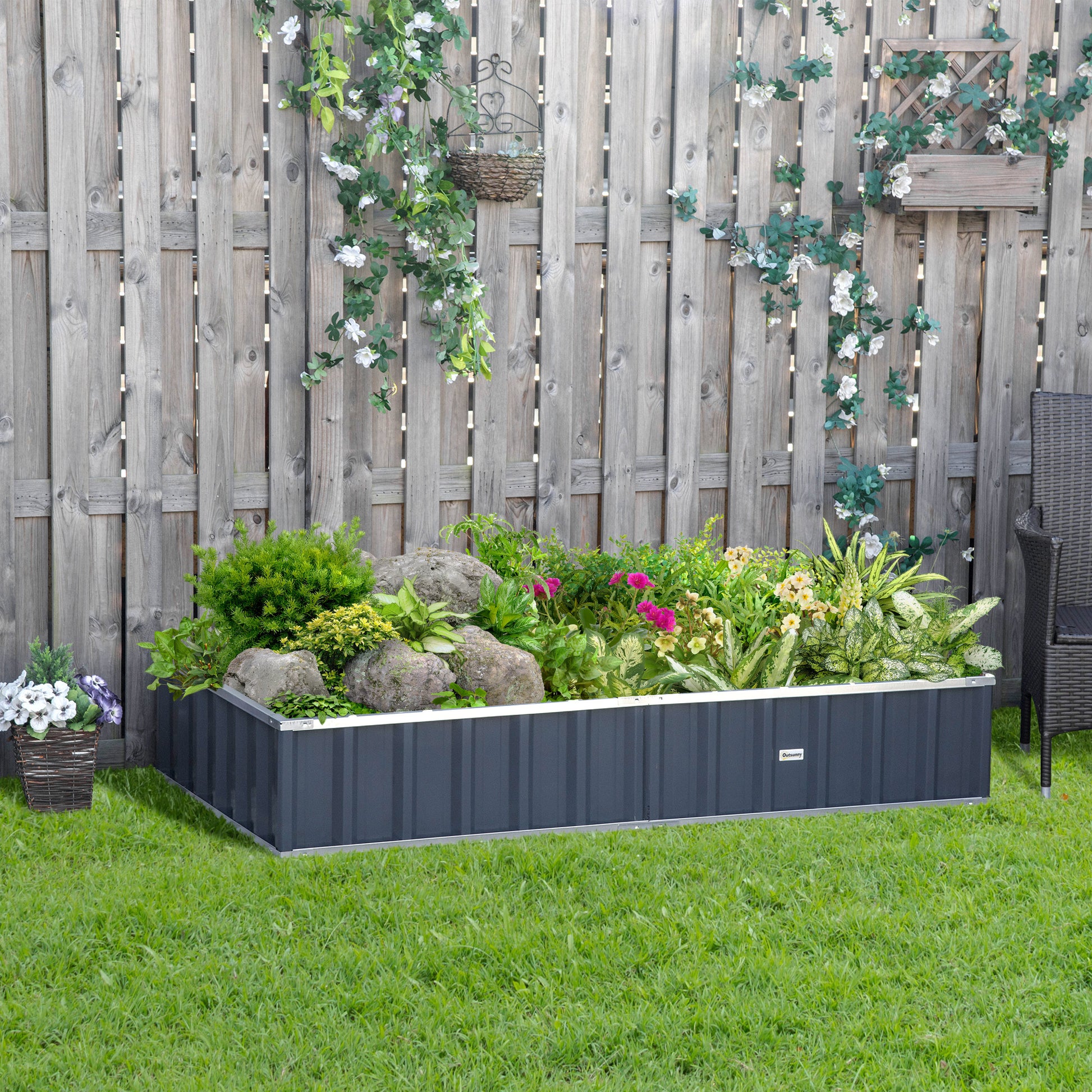 Outsunny Huerto Urbano 174x90x30 cm Arriate de Jardín de Acero Incluye Guantes Jardinera Macetero Rectangular para Cultivos Plantas Flores para Terraza Balcón Exterior Gris