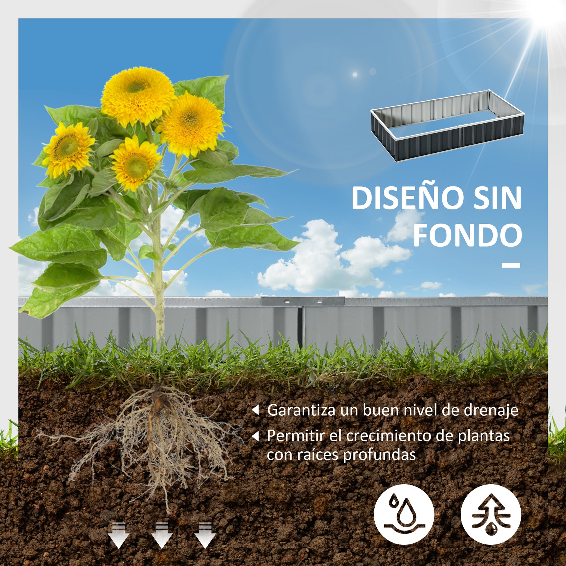 Outsunny Huerto Urbano 174x90x30 cm Arriate de Jardín de Acero Incluye Guantes Jardinera Macetero Rectangular para Cultivos Plantas Flores para Terraza Balcón Exterior Gris