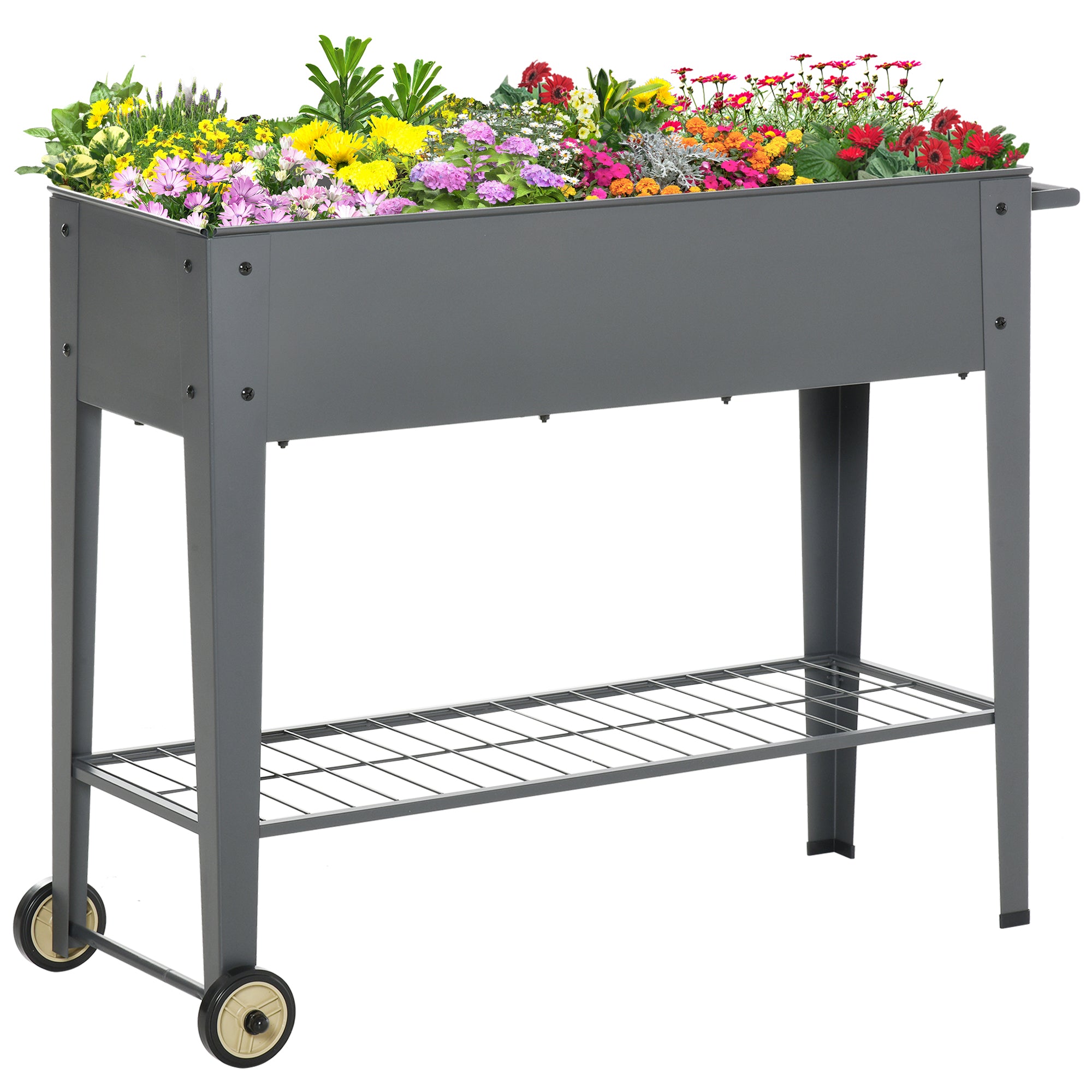Outsunny Huerto Urbano Jardinera Elevada de Metal Cama de Jardín con Ruedas Asa Lateral y Estante Inferior para Cultivo Plantas Hortalizas Flores 104x39x80 cm Gris