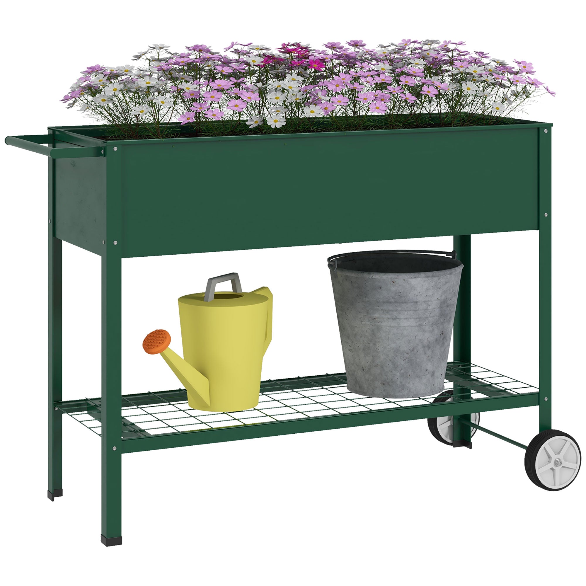 Outsunny Mesa de Cultivo 109x44x80 cm Huerto Urbano Elevado con 2 Ruedas Estante y Asa para Cultivo Plantas Flores Verduras Verde