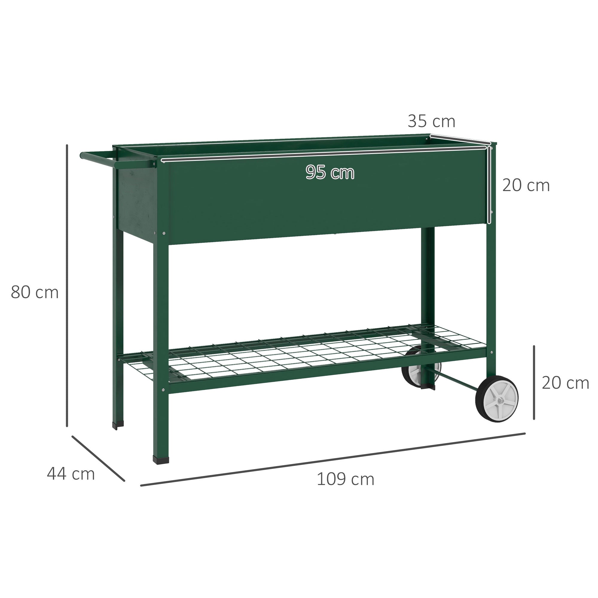 Outsunny Mesa de Cultivo 109x44x80 cm Huerto Urbano Elevado con 2 Ruedas Estante y Asa para Cultivo Plantas Flores Verduras Verde