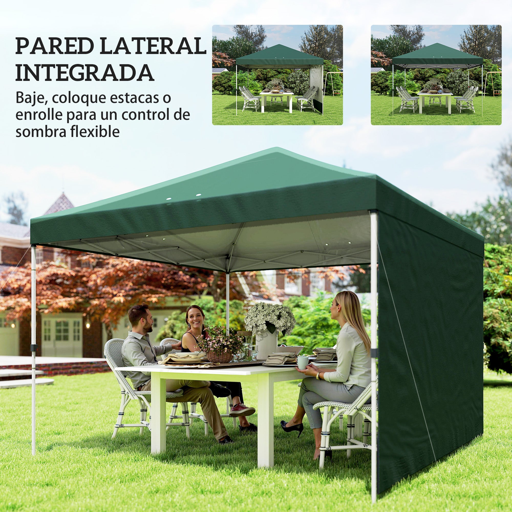 Outsunny Carpa Plegable 3x3 m, Pop-up, con Pared Lateral, Cenador de Jardín con Protección UPF50+, Empuje Central, Altura Ajustable, Bolsa de Transporte, Gazebo para Camping, Exterior, Verde