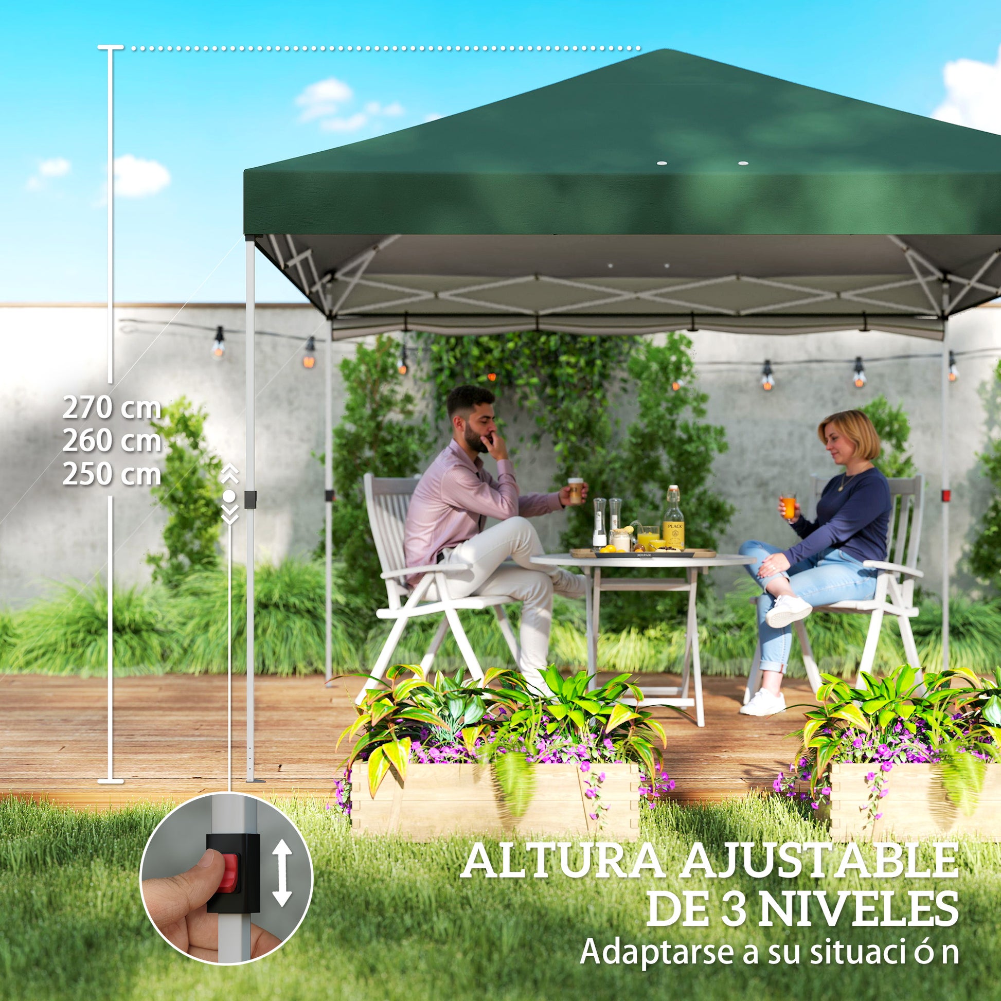 Outsunny Carpa Plegable 3x3 m, Pop-up, con Pared Lateral, Cenador de Jardín con Protección UPF50+, Empuje Central, Altura Ajustable, Bolsa de Transporte, Gazebo para Camping, Exterior, Verde
