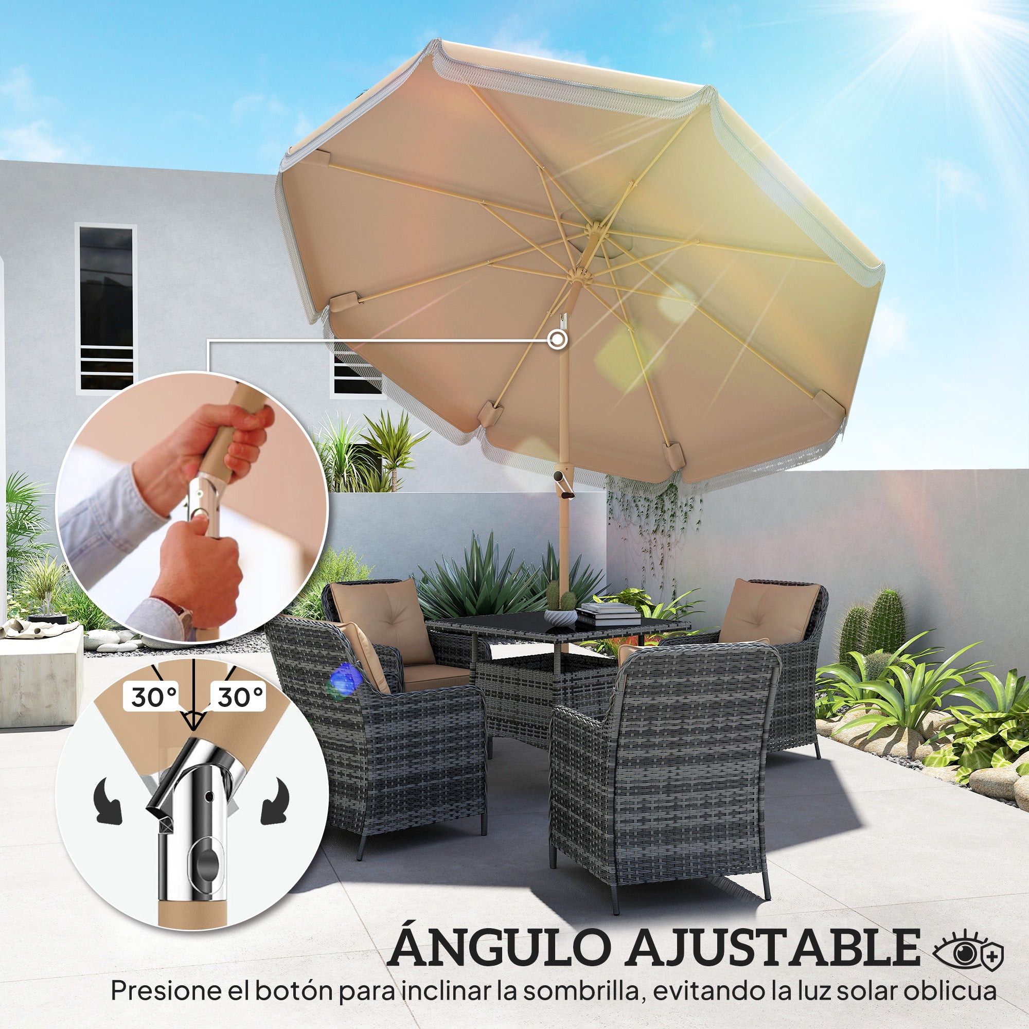 Outsunny Sombrilla Terraza Exterior, Ø266x238 cm, Sombrilla de Jardín con Ángulo Ajustable 30°, Manivela, Flecos y Ventilación, Impermeable, Parasol para Terraza, Playa, Patio, Balcón, Caqui