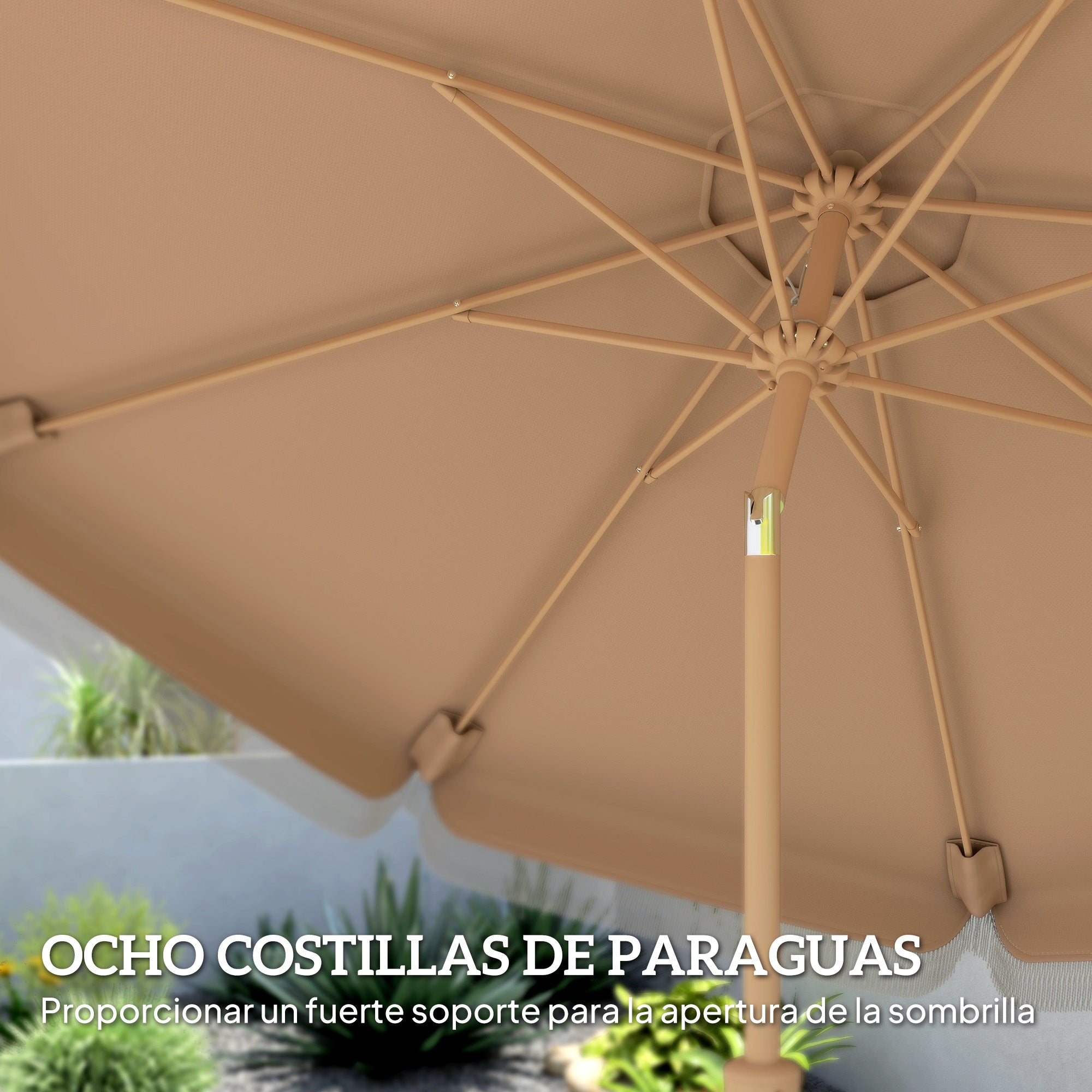 Outsunny Sombrilla Terraza Exterior, Ø266x238 cm, Sombrilla de Jardín con Ángulo Ajustable 30°, Manivela, Flecos y Ventilación, Impermeable, Parasol para Terraza, Playa, Patio, Balcón, Caqui