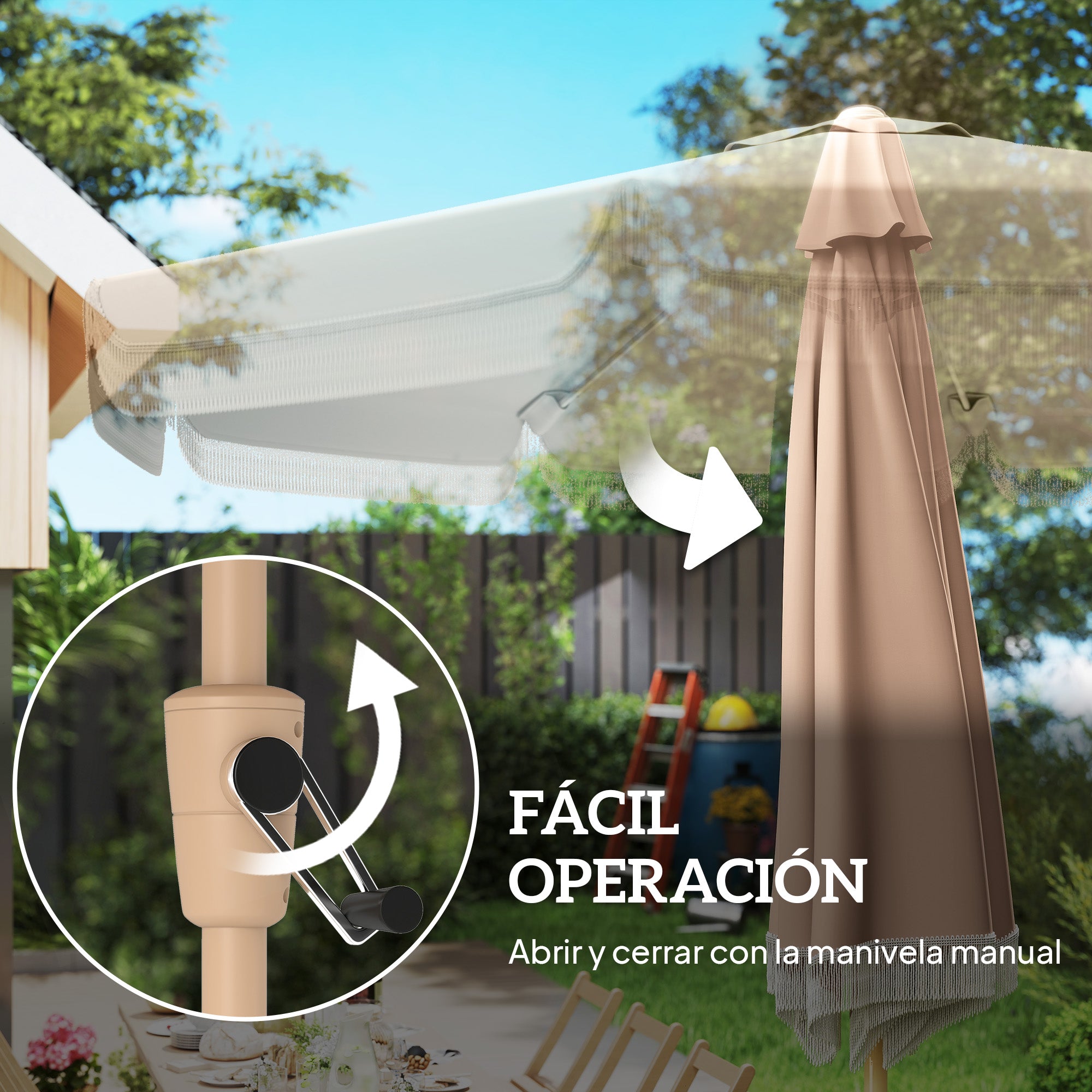 Outsunny Sombrilla Terraza Exterior, Ø266x238 cm, Sombrilla de Jardín con Ángulo Ajustable 30°, Manivela, Flecos y Ventilación, Impermeable, Parasol para Terraza, Playa, Patio, Balcón, Caqui