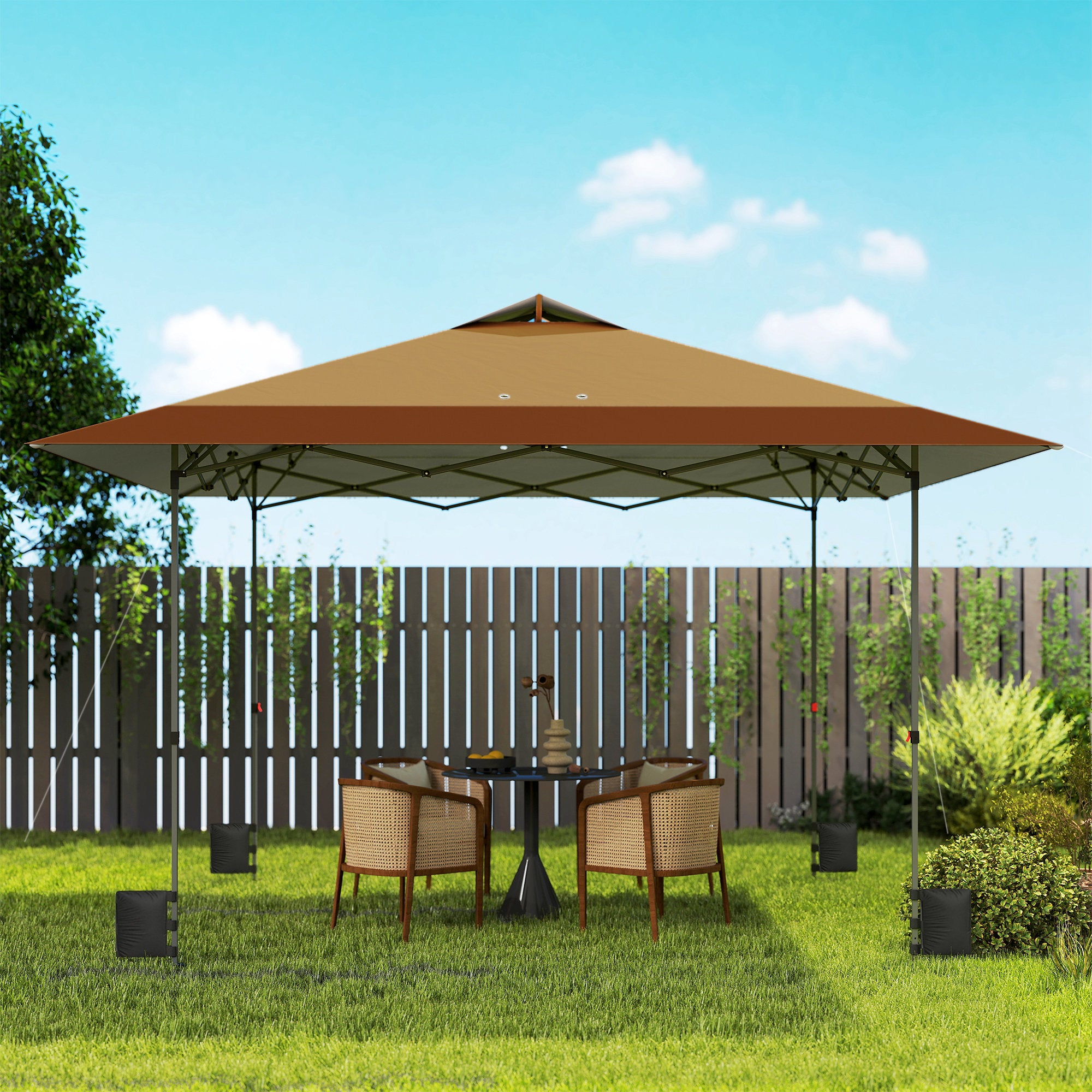 Outsunny Carpa Plegable Pop-up Gazebo 4x4 m, Cenador Plegable con Bloqueo Central, UPF50+, Altura Ajustable, 4 Bolsas de Arena y Bolsa de Transporte con Ruedas, para Camping, Fiestas, Beige y Café