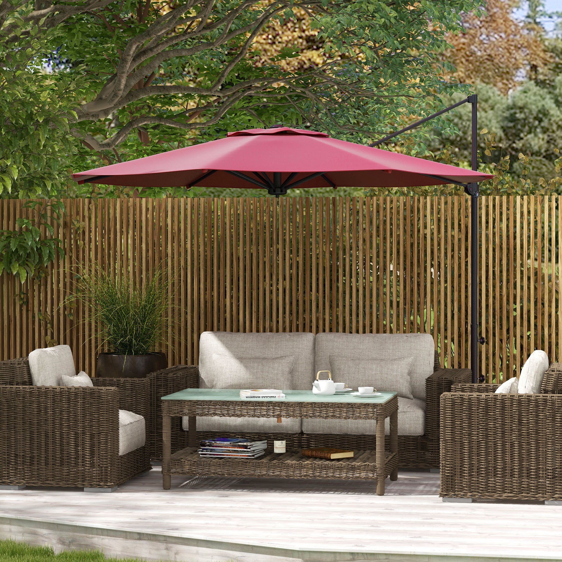 Outsunny Sombrilla de Jardín Ø294x242 cm Parasol de Terraza con Altura Ajustable Poste Giratorio 360° Ángulo de Techo Ajustable y Ventilación Superior para Patio Piscina Rojo Vino
