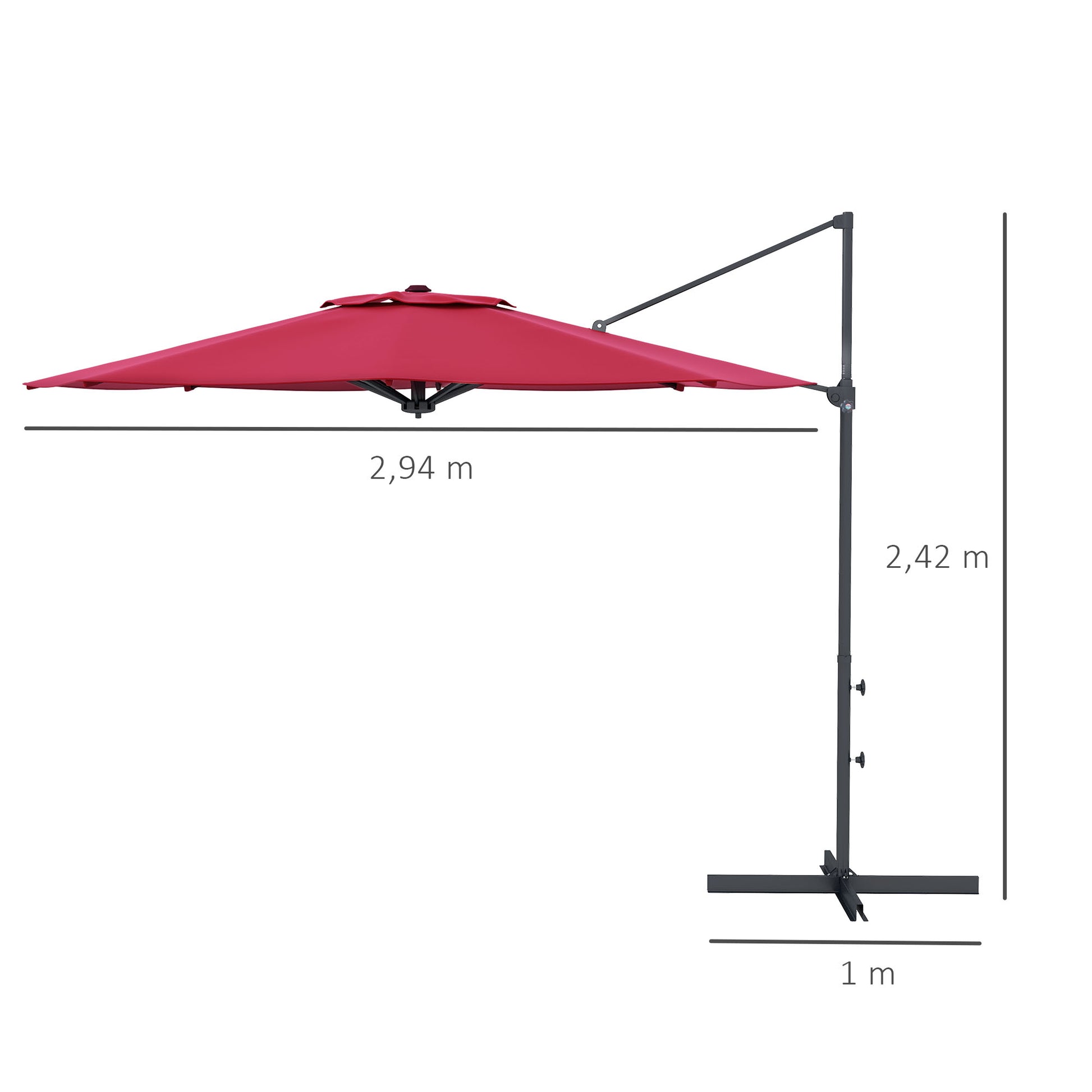 Outsunny Sombrilla de Jardín Ø294x242 cm Parasol de Terraza con Altura Ajustable Poste Giratorio 360° Ángulo de Techo Ajustable y Ventilación Superior para Patio Piscina Rojo Vino