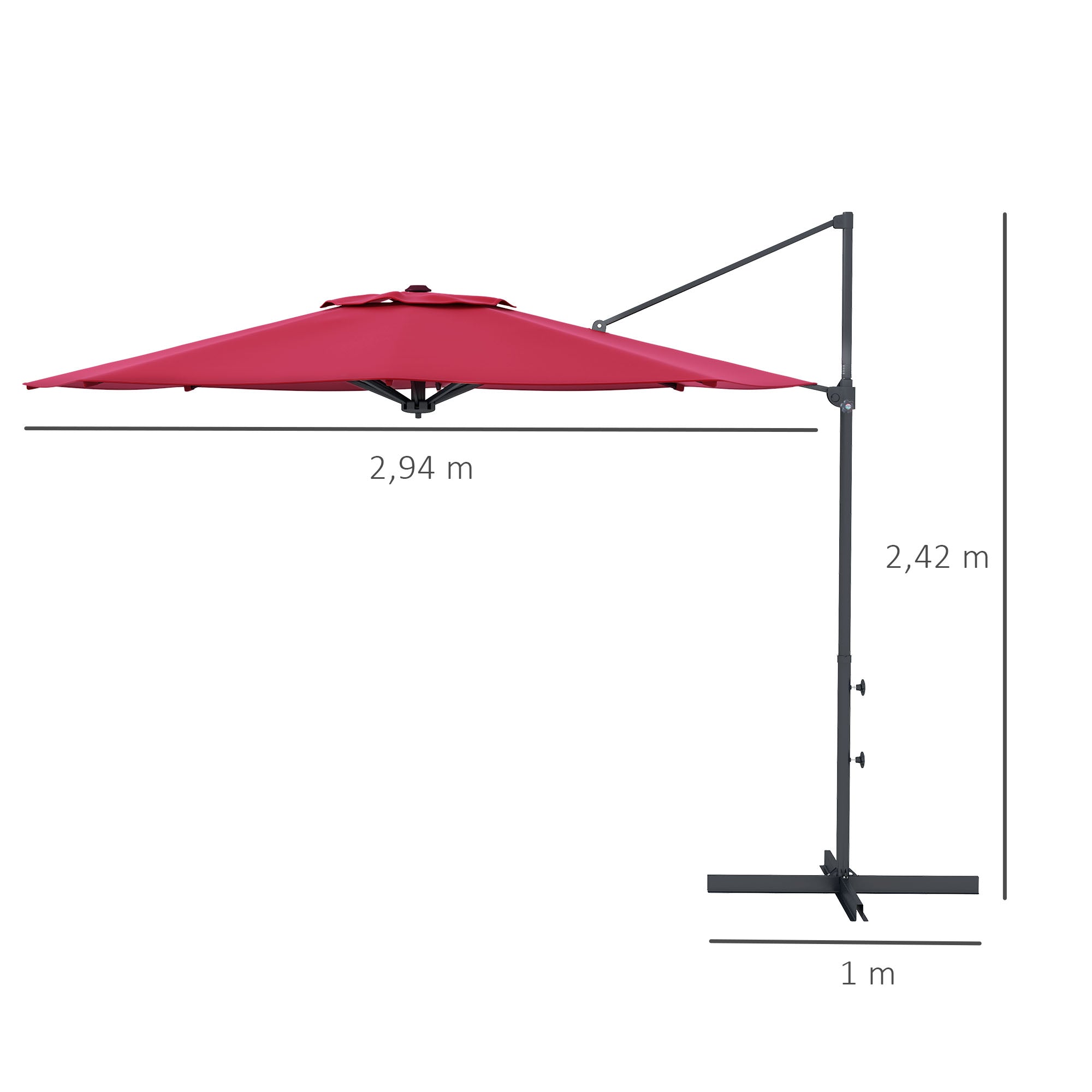 Outsunny Sombrilla de Jardín Ø294x242 cm Parasol de Terraza con Altura Ajustable Poste Giratorio 360° Ángulo de Techo Ajustable y Ventilación Superior para Patio Piscina Rojo Vino