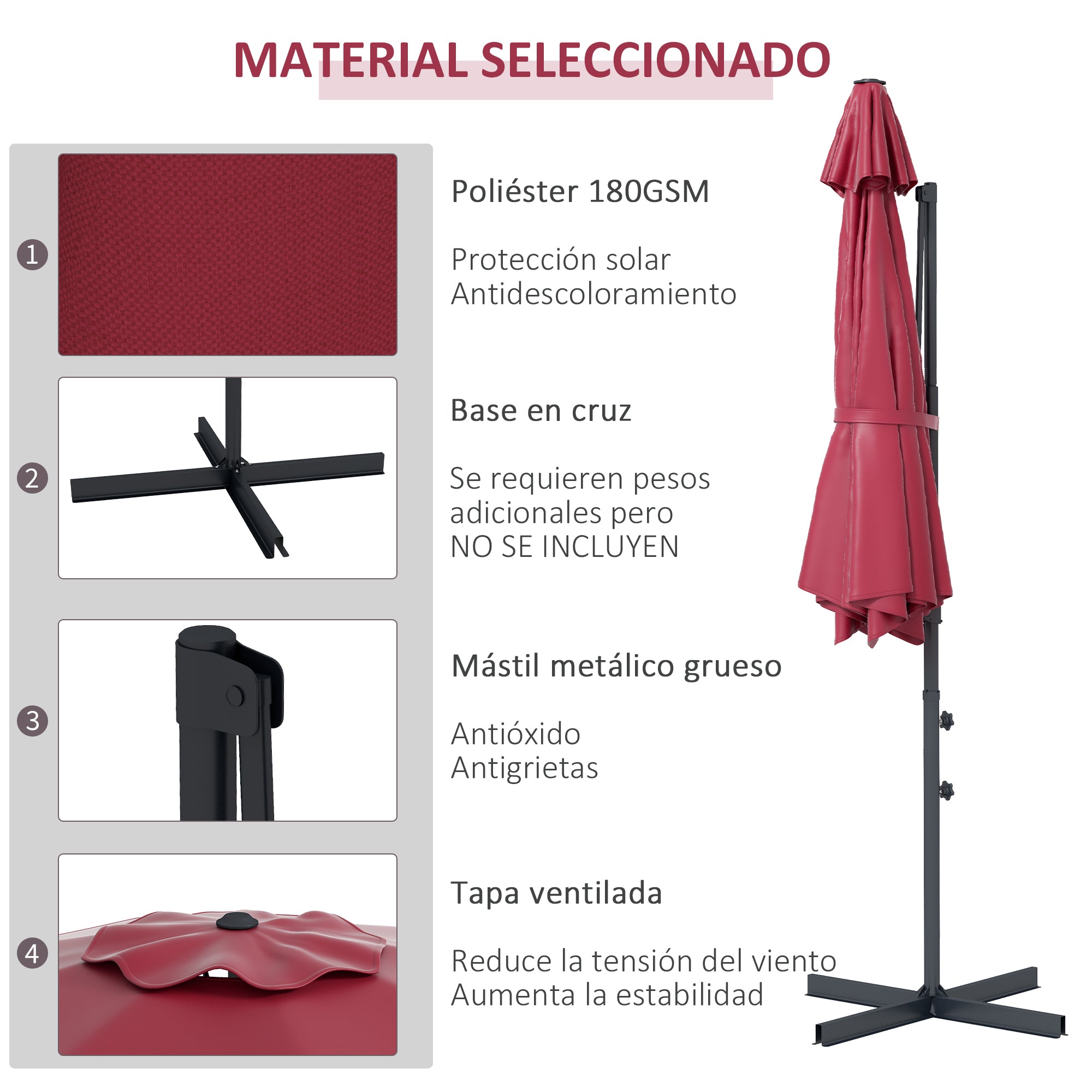 Outsunny Sombrilla de Jardín Ø294x242 cm Parasol de Terraza con Altura Ajustable Poste Giratorio 360° Ángulo de Techo Ajustable y Ventilación Superior para Patio Piscina Rojo Vino