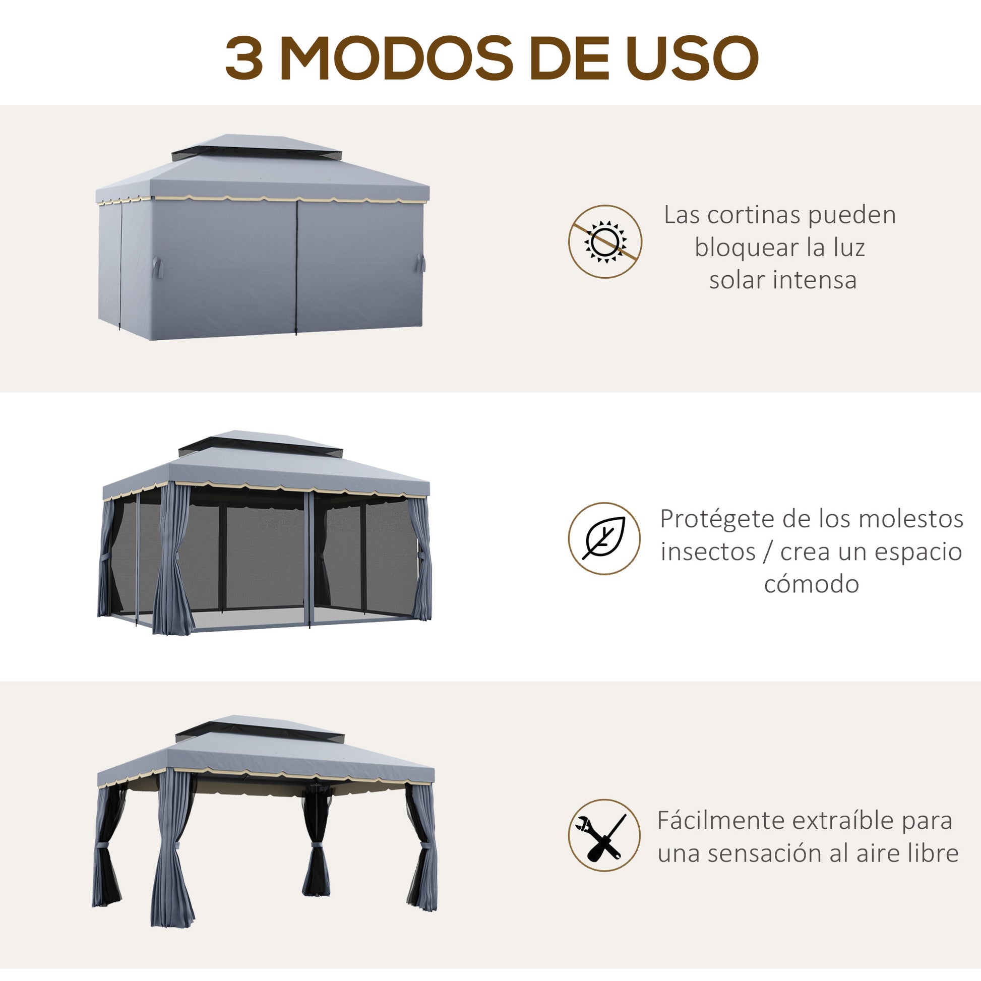 Outsunny Conjunto de Cenador Incluye 1 Cenador de Jardín 4x3 m con 4 Cortinas Laterales 4 Mosquiteras y 1 Techo de Repuesto 4x3 m para Fiestas Eventos Exterior Gris y Beige