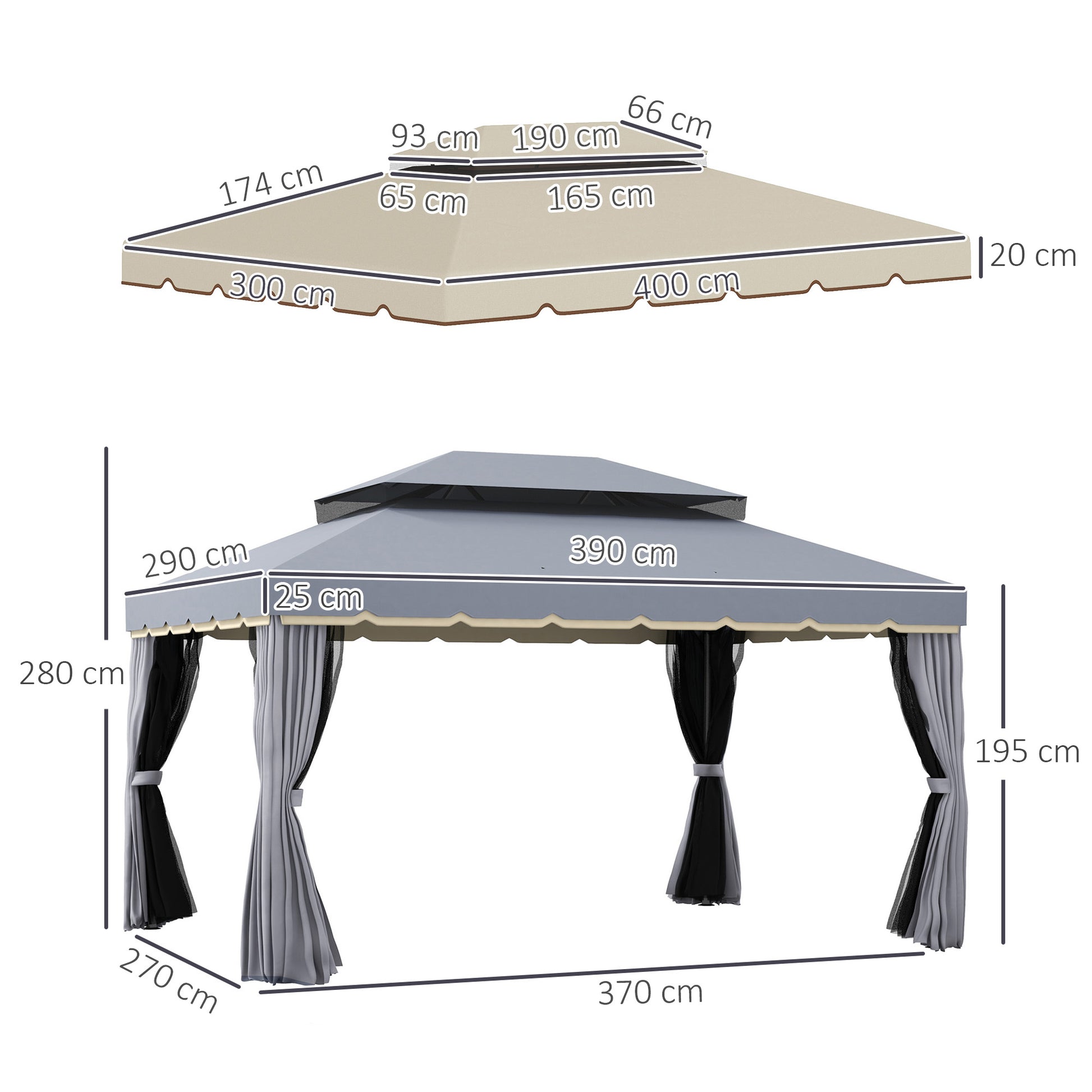 Outsunny Conjunto de Cenador Incluye 1 Cenador de Jardín 4x3 m con 4 Cortinas Laterales 4 Mosquiteras y 1 Techo de Repuesto 4x3 m para Fiestas Eventos Exterior Gris y Beige
