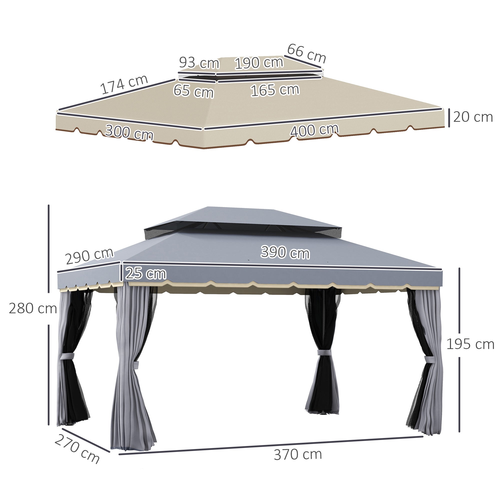 Outsunny Conjunto de Cenador Incluye 1 Cenador de Jardín 4x3 m con 4 Cortinas Laterales 4 Mosquiteras y 1 Techo de Repuesto 4x3 m para Fiestas Eventos Exterior Gris y Beige