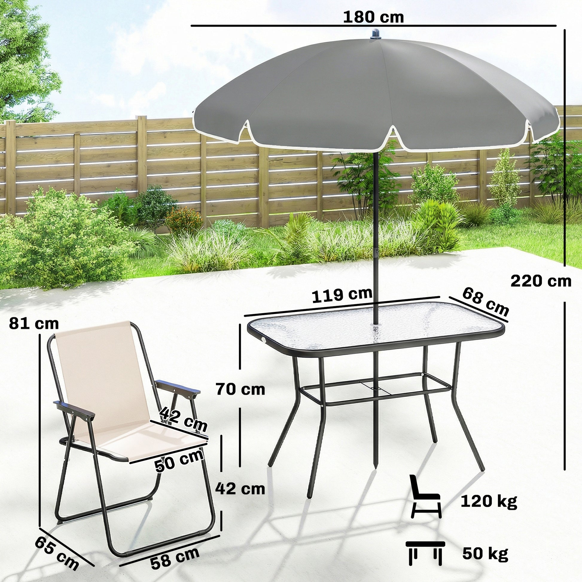Outsunny Conjunto de Mesa y Sillas Jardín de 8 Piezas, Muebles de Jardín Exterior con Sombrilla, 6 Sillas Plegables, Mesa de Vidrio Templado, para Terraza, Patio, Crema