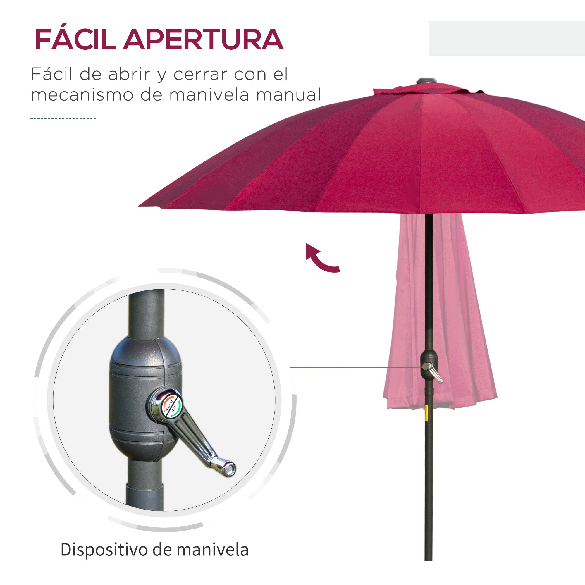 Outsunny Sombrilla Terraza Exterior Ø250 cm Sombrilla de Jardín con Ángulo Inclinable 18 Varillas y Manivela Impermeable Parasol para Patio Terraza Burdeos