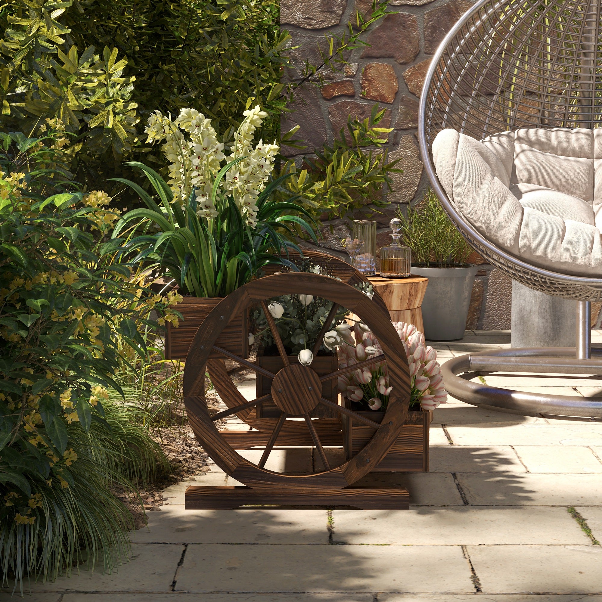 Outsunny Jardinera de Madera Macetero Exterior de 3 Niveles Diseño de Escalera y Forma de Ruedas Orificios de Drenaje Huerto Urbano Cultivos Plantas Flores en Terraza Jardín 61x62x57 cm Carbonizado