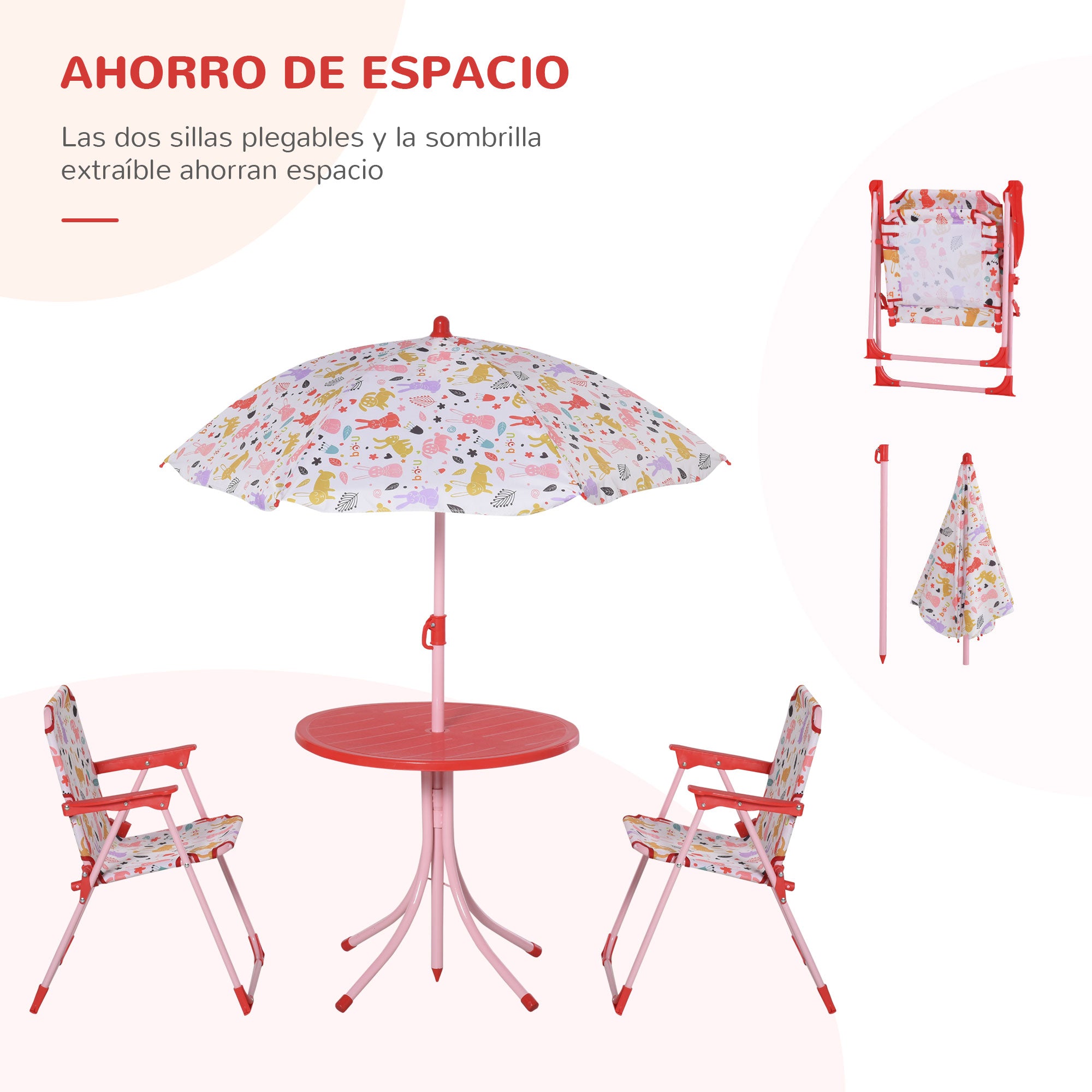 Outsunny Set de Mesa y Sillas Exterior Infantil Conjunto de Picnic Plegable para Jardín Juego de Mesa con Sombrilla Ajustable 100-125 cm Protección de UV Rojo