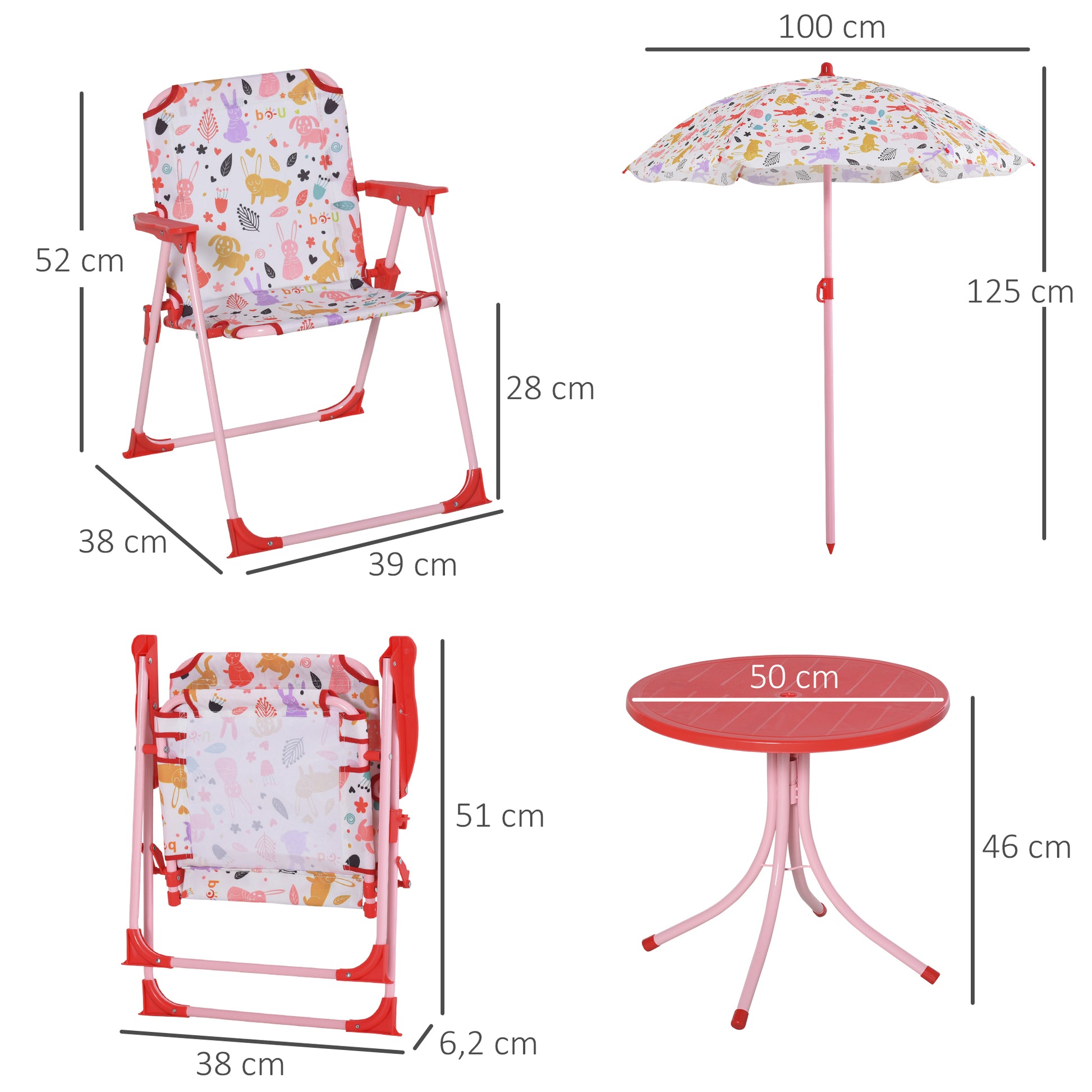 Outsunny Set de Mesa y Sillas Exterior Infantil Conjunto de Picnic Plegable para Jardín Juego de Mesa con Sombrilla Ajustable 100-125 cm Protección de UV Rojo