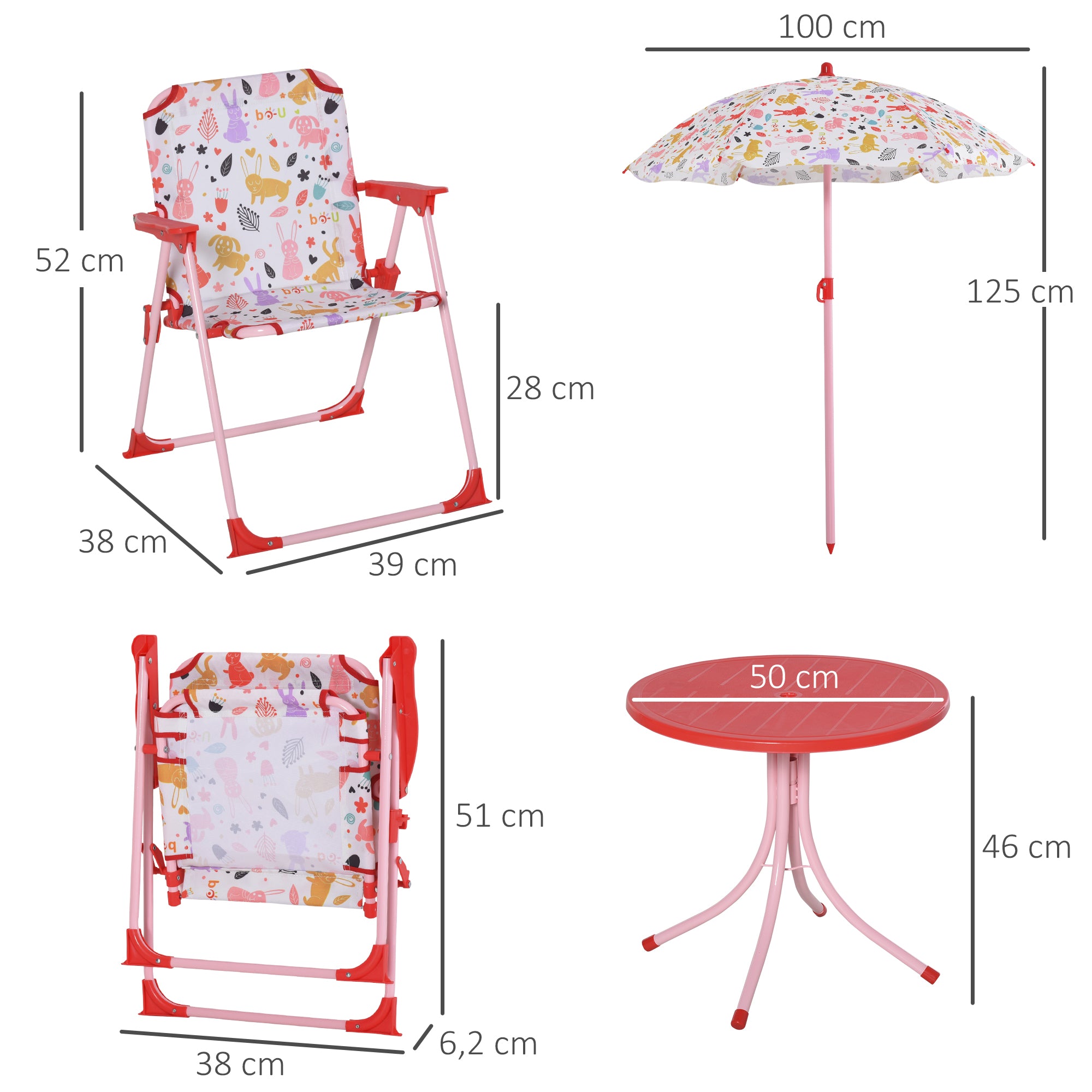 Outsunny Set de Mesa y Sillas Exterior Infantil Conjunto de Picnic Plegable para Jardín Juego de Mesa con Sombrilla Ajustable 100-125 cm Protección de UV Rojo