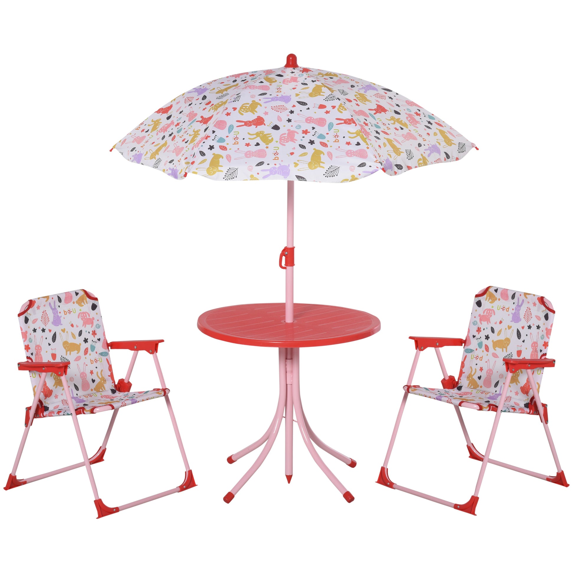 Outsunny Set de Mesa y Sillas Exterior Infantil Conjunto de Picnic Plegable para Jardín Juego de Mesa con Sombrilla Ajustable 100-125 cm Protección de UV Rojo