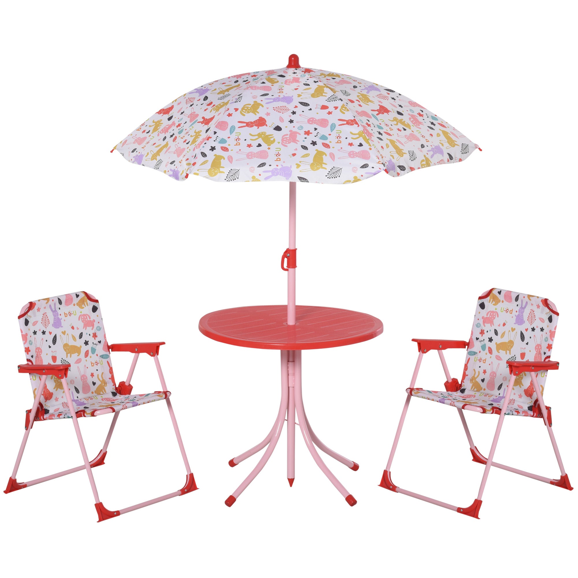 Outsunny Set de Mesa y Sillas Exterior Infantil Conjunto de Picnic Plegable para Jardín Juego de Mesa con Sombrilla Ajustable 100-125 cm Protección de UV Rojo