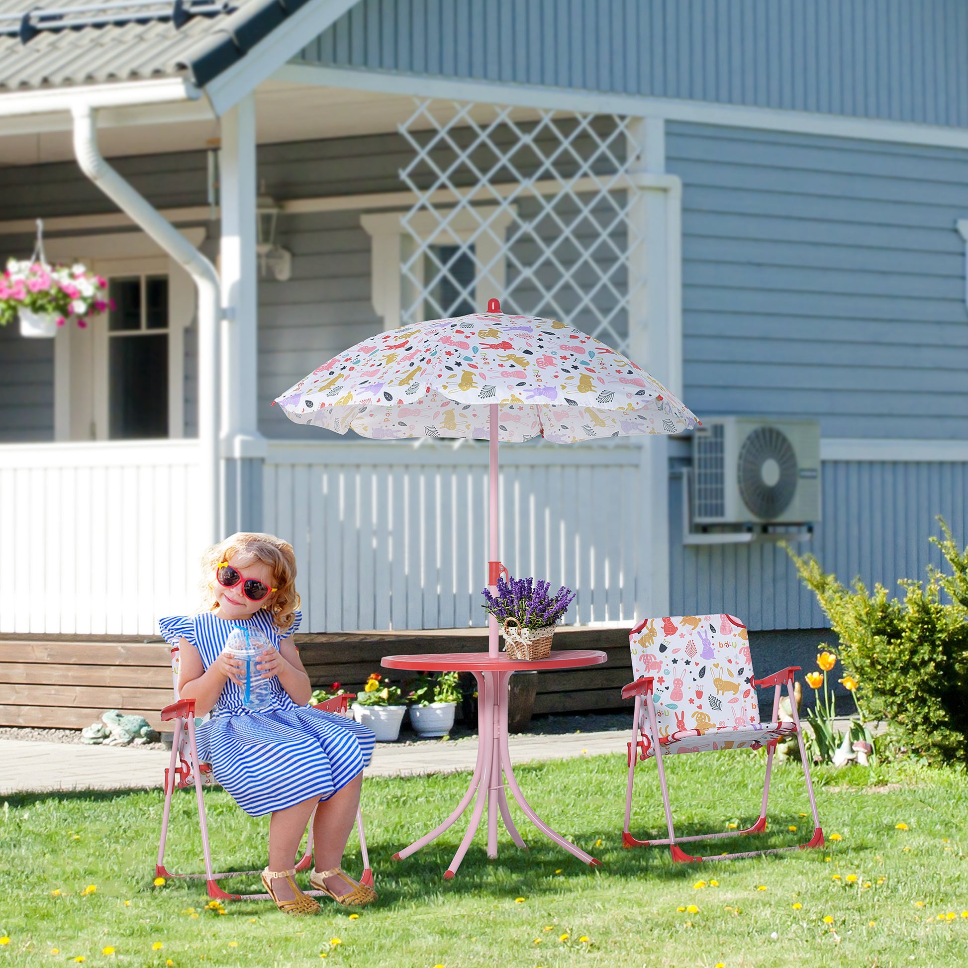 Outsunny Set de Mesa y Sillas Exterior Infantil Conjunto de Picnic Plegable para Jardín Juego de Mesa con Sombrilla Ajustable 100-125 cm Protección de UV Rojo