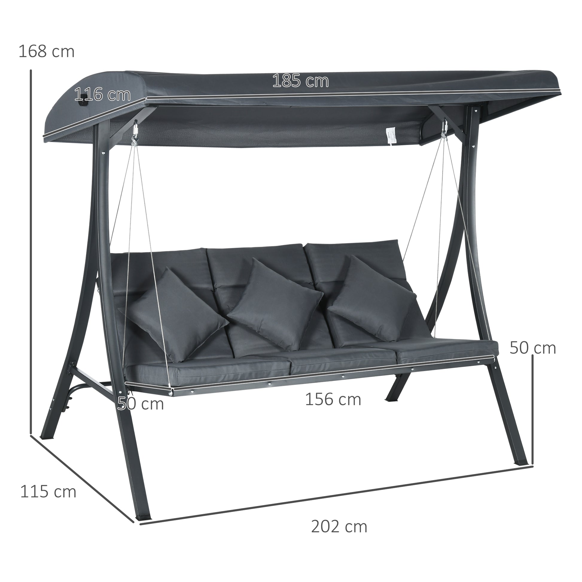Outsunny Columpio de Jardín Exterior de 3 Plazas, Balancín de Jardín Exterior con Techo Ajustable Cojines, Almohadas y Estructura de Acero, para Terraza, Patio, Carga 320 kg, 202x115x168 cm, Gris