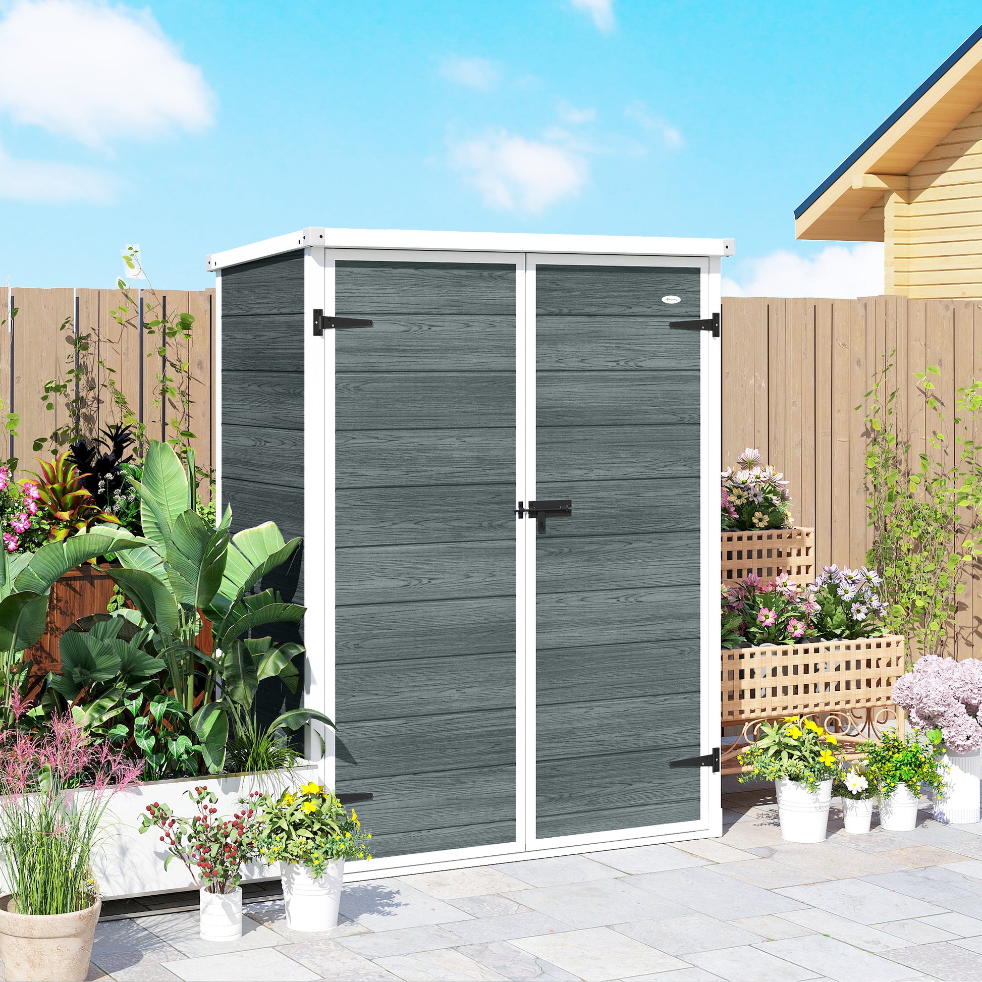 Outsunny Caseta de Jardín Exterior, 0,81 m², 134x68,5x170 cm, Cobertizo de Jardín Exterior de Plástico con Suelo, 2 Estantes Plegables, Puertas Dobles con Pestillo para Almacenaje Herramientas, Gris