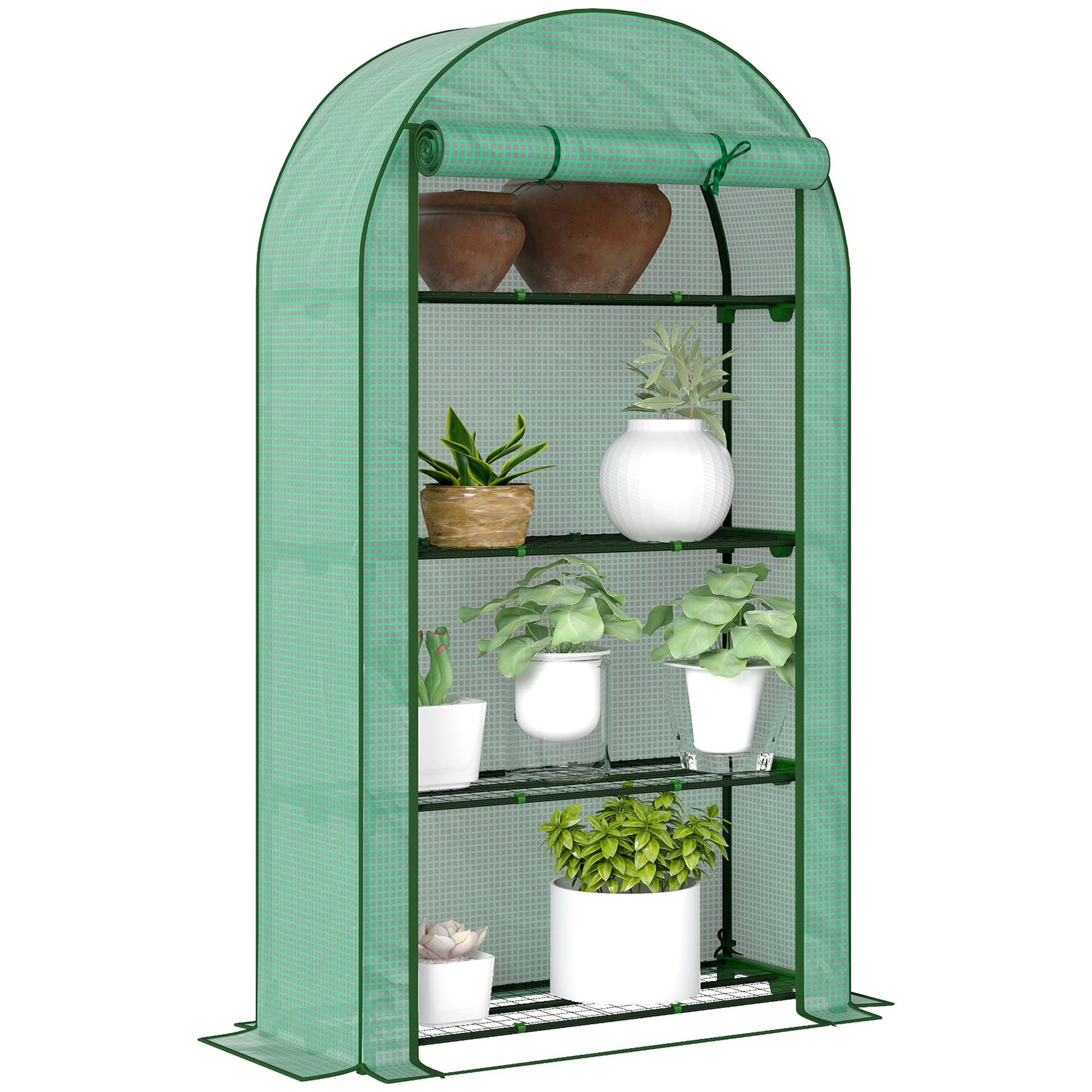 Outsunny Invernadero de Exterior Invernadero Pequeño de 4 Niveles con 4 Estantes Puerta Enrollable Cubierta de PE 140g/m² y Marco de Acero para Cultivos Plantas Flores 105x45x160 cm Verde