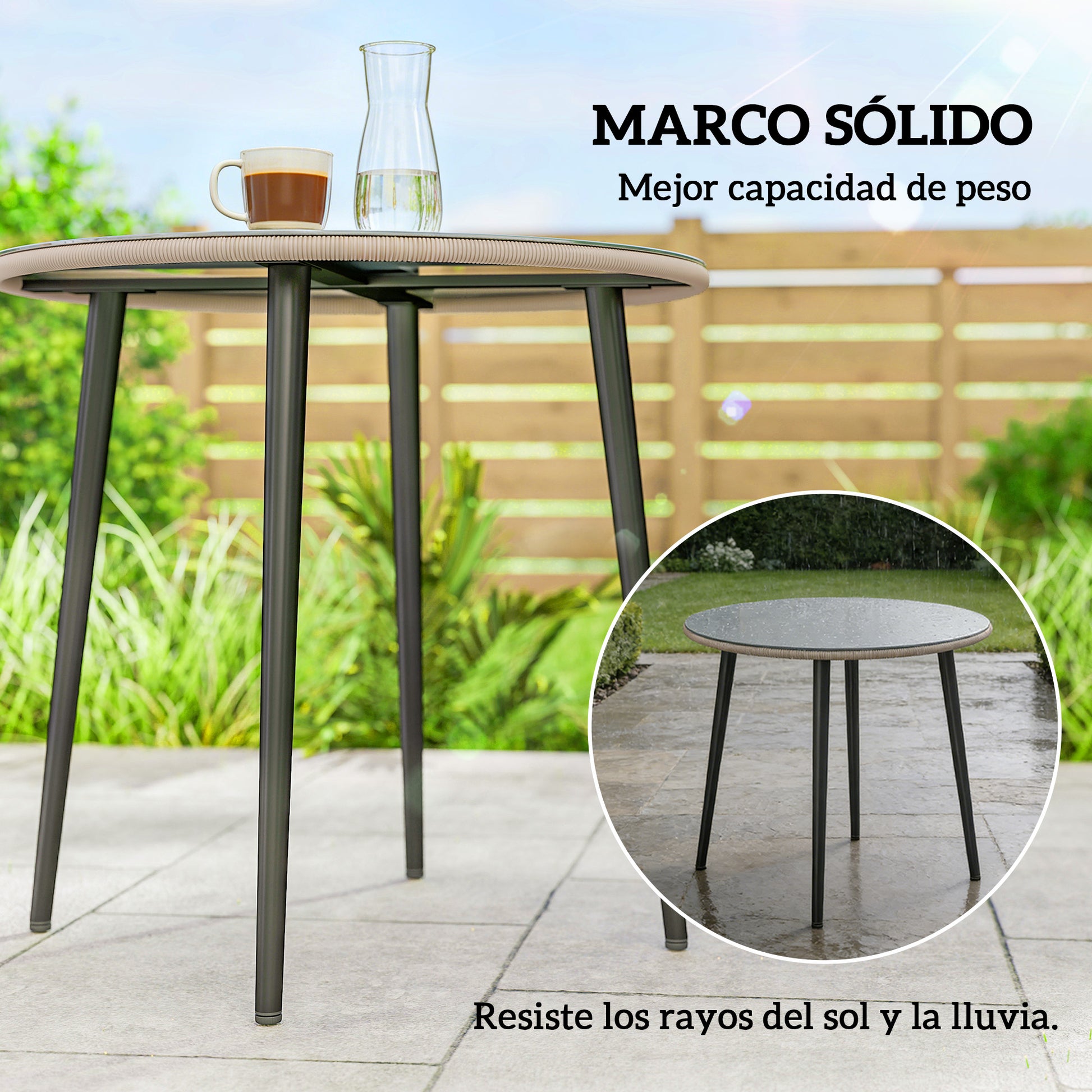 Outsunny Mesa de Comedor de Jardín Redonda, Mesa de Terraza Exterior 80x80x74 cm, con Tablero de Vidrio Templado con Borde de Ratán, Estructura de Acero, Carga 50 kg, para Patio, Balcón, Gris
